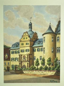 FINK K. (20.Jh.) "Schlossansicht", mit Turm u. Einganstor, signiert rechts unten Aquarell,