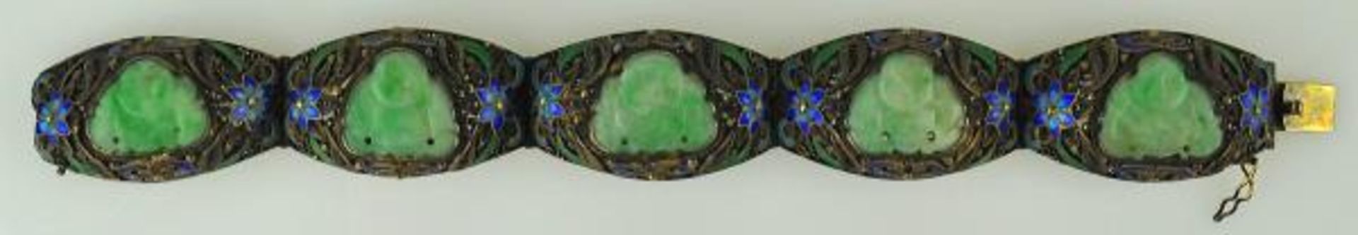 ARMBAND aus fünf ovalen Gliedern mit Emailblüten, besetzt mit hellgrünen Jadeornamenten, Silber - Bild 3 aus 4