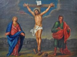 GEMÄLDE "Kreuzigungsszene" Jesus erhöht am Kreuz, darunter stehen Maria und Johannes, im Hintergrund