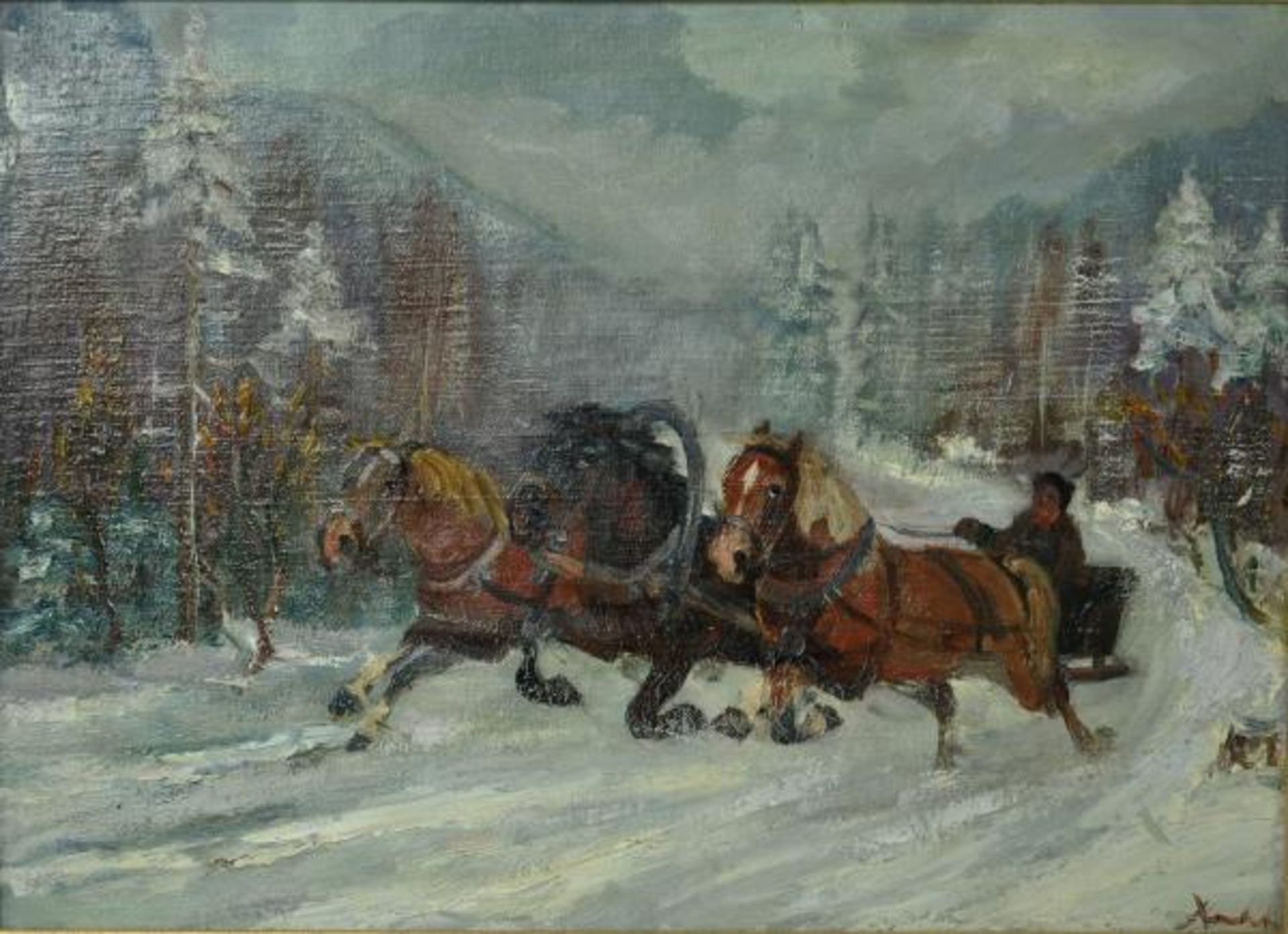 KUKLA Stanislaw (1919 - 1992 Polen) "Troika", galoppierende Pferde in winterlicher Landschaft,