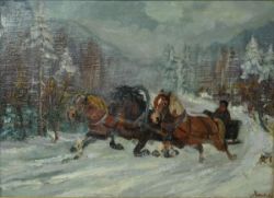 KUKLA Stanislaw (1919 - 1992 Polen) "Troika", galoppierende Pferde in winterlicher Landschaft,