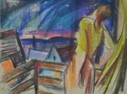 VOGT Herbert (1918 Seifhennersdorf - 2015 Meersburg) "Aussicht vom Balkon", aufrechtstehende Frau