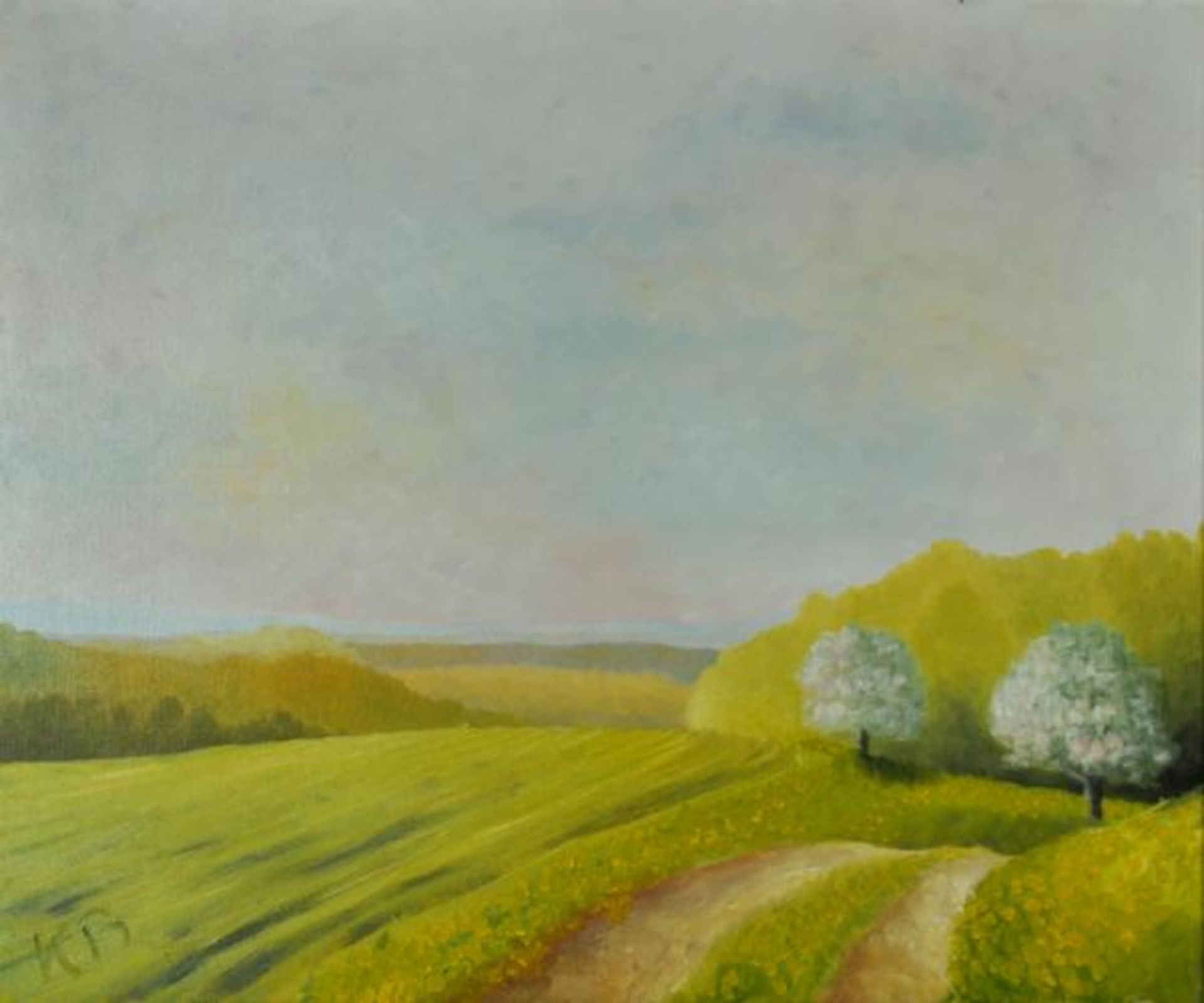 BAEUERLE Klaus (1943 Konstanz) "Sommerlandschaft" mit blühenden Bäumen u. Wiese mit gelben Blüten,