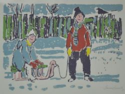 SAUERBRUCH Hans (1910 Marburg - 2001 Konstanz) "Zwei Kinder im Schnee", mit Schlitten, im