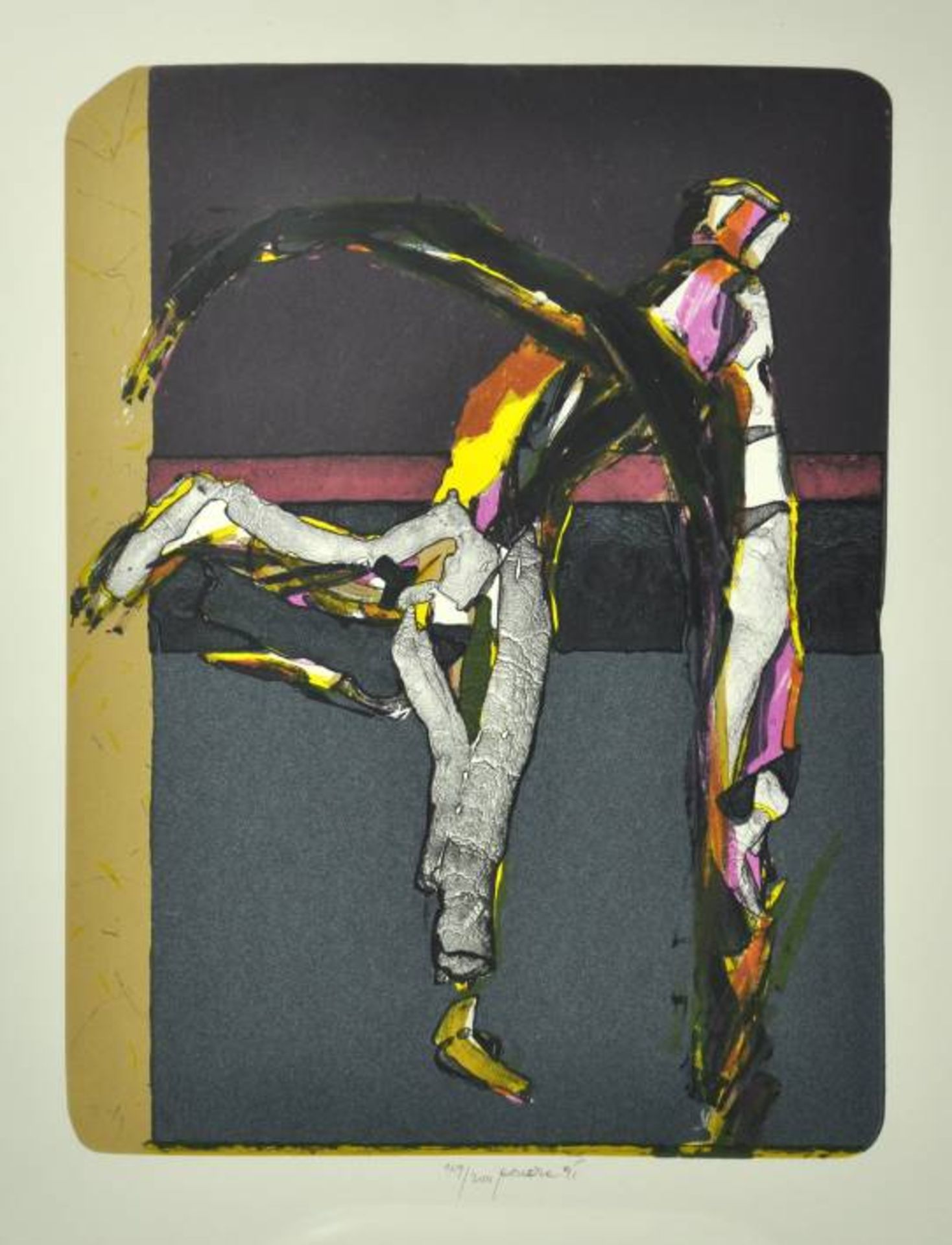 ROUCKA Pavel (1942 Prag) "Zwei Figuren" in Bewegung, Farbserigraphie, mittig signiert, 95 datiert,
