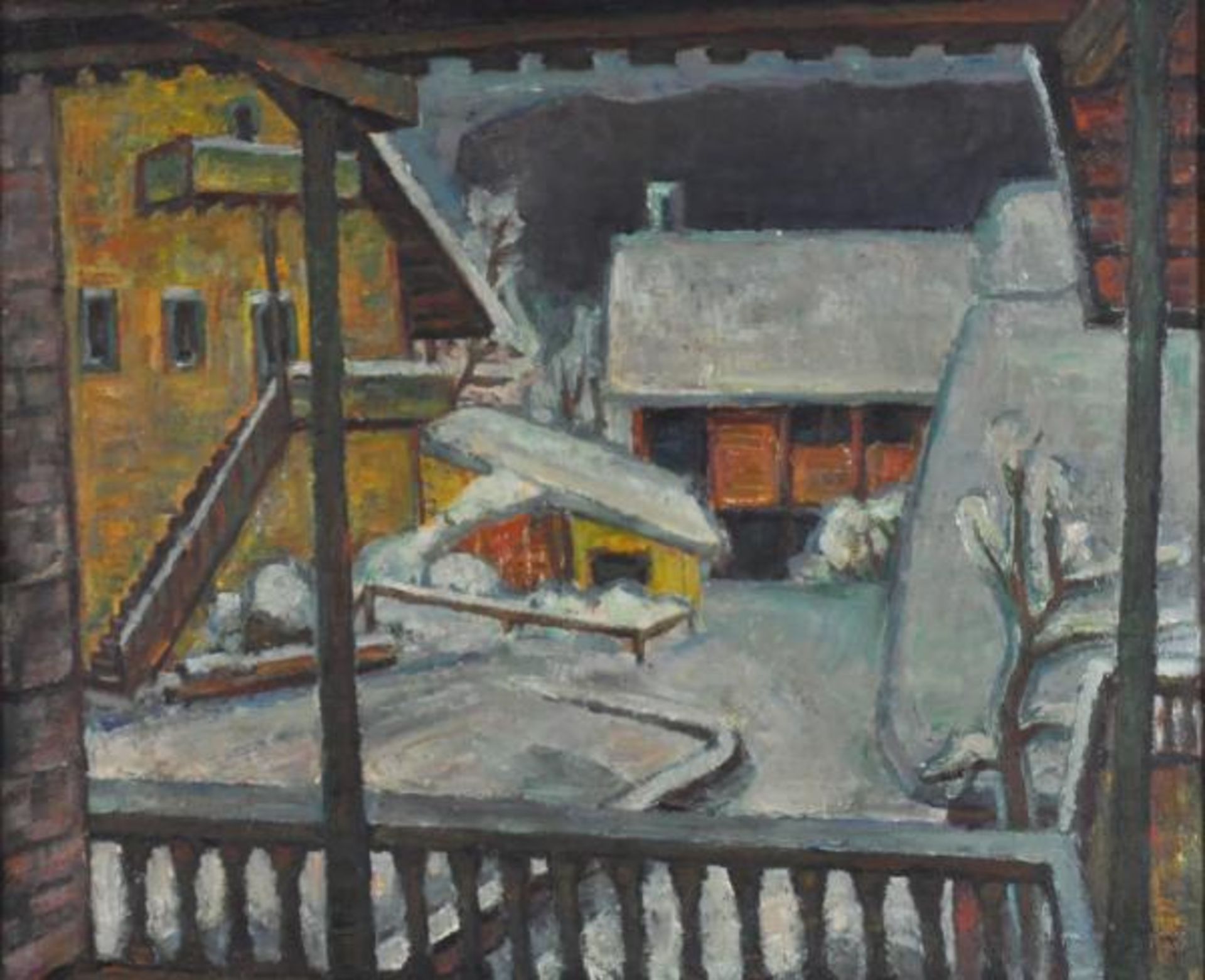 NOE Alfred (1903 Weiler/Höri - 2000 Karlsruhe) "Cortina" im Winter, Blick von Veranda auf Hof mit