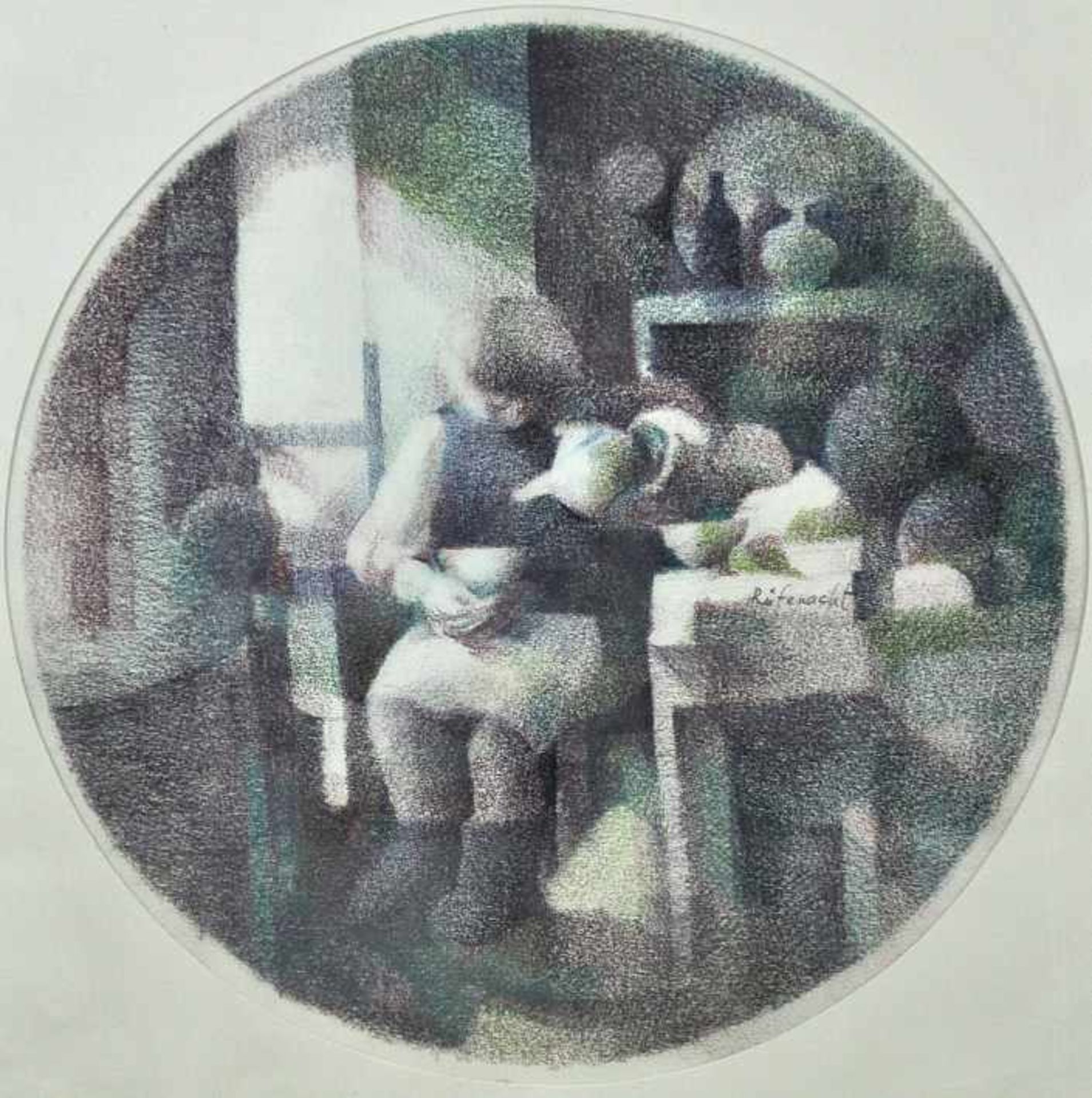 RÜFENACHT Peter (1935 Zürich) "Morgenkaffee", runde Farblithographie, signiert u. rückseitig