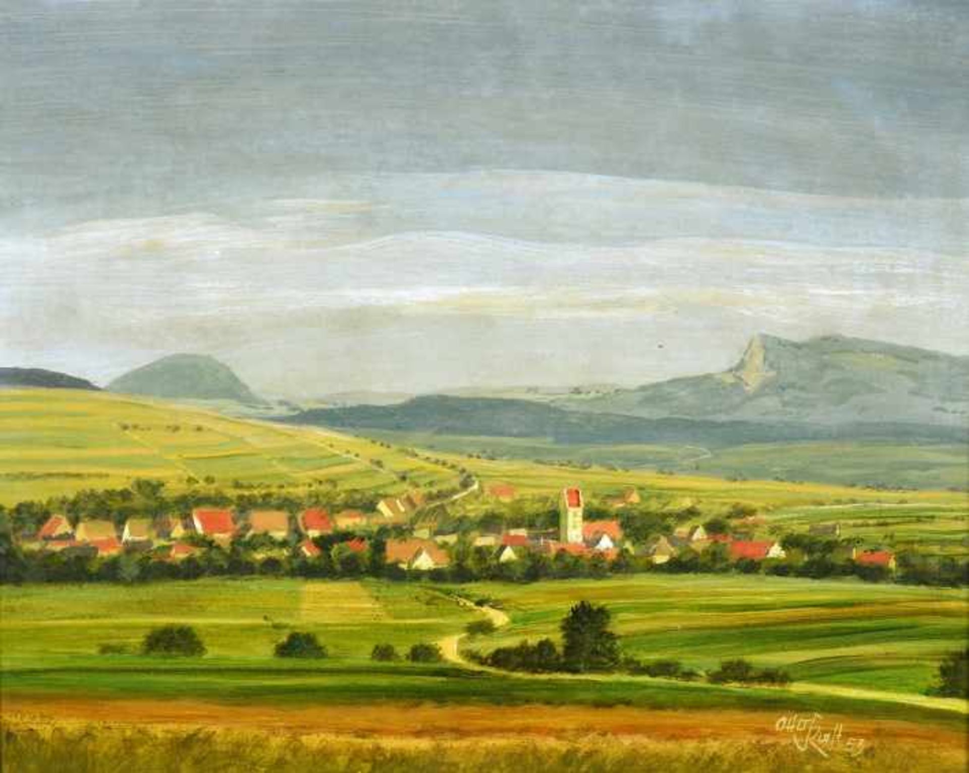 KAST Otto (1906 - 1988) "Tengen und Hohenstoffeln" im Hegau. Weite Landschaft mit Ort, Hegauberg und