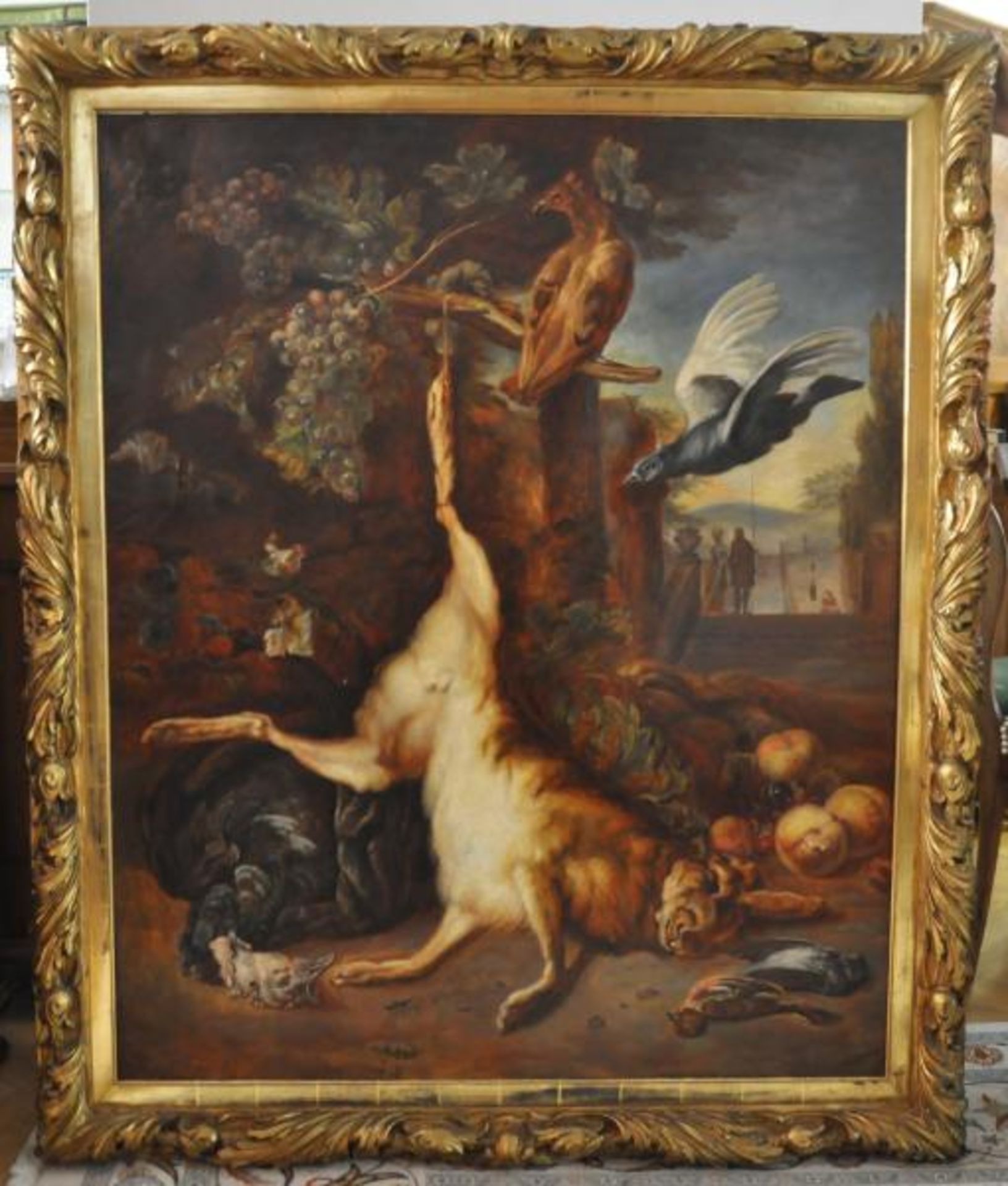 STILLLEBENMALER (19./20.Jh.) "Jagdstillleben", mit totem Hasen u. Vögeln, im Hintergrund Treppe - Bild 2 aus 4