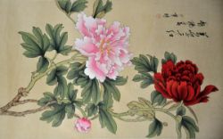 ROLLBILD "Chrysanthemenzweig" mit rosa u. roter Blüte, Tusche aquarelliert, signiert, mit Stempel,