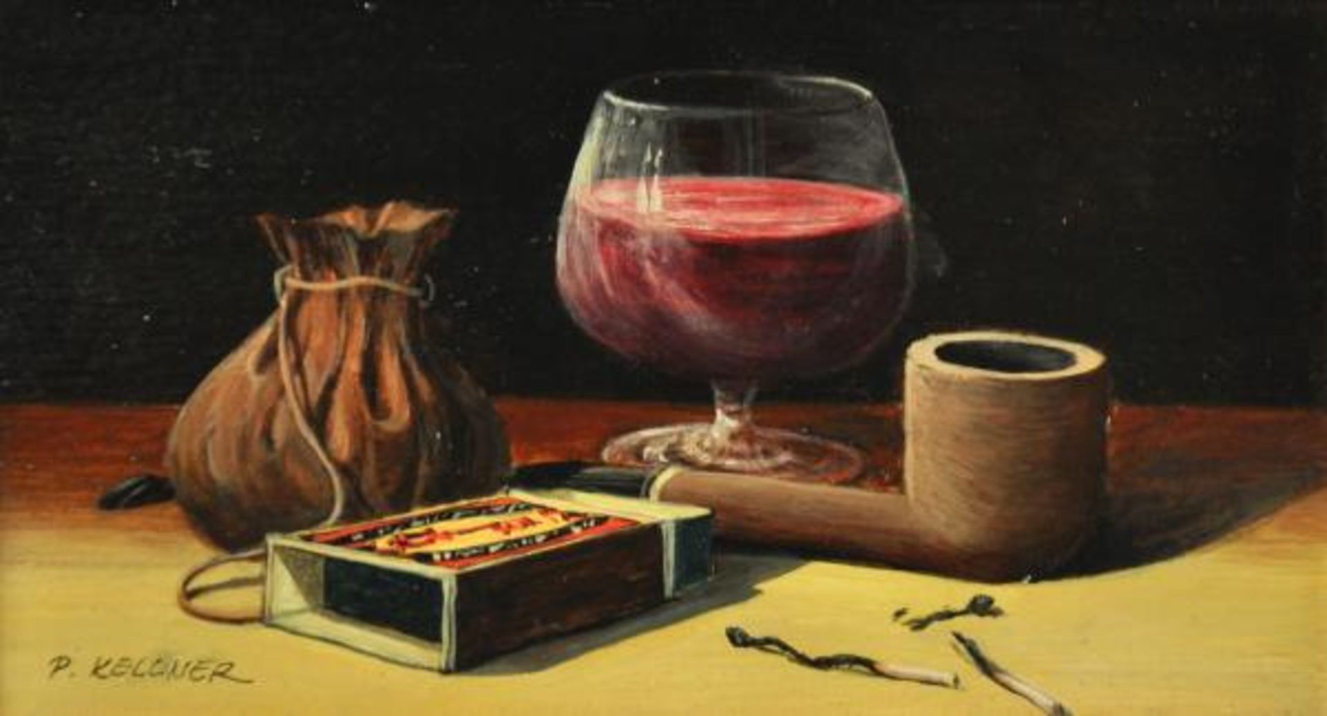 KELLNER Pavel (Tschechien 2.Hälfte 20.Jh.) "Abendgenuß" Stilleben mit Rotweinglas, Pfeife, Tabak und