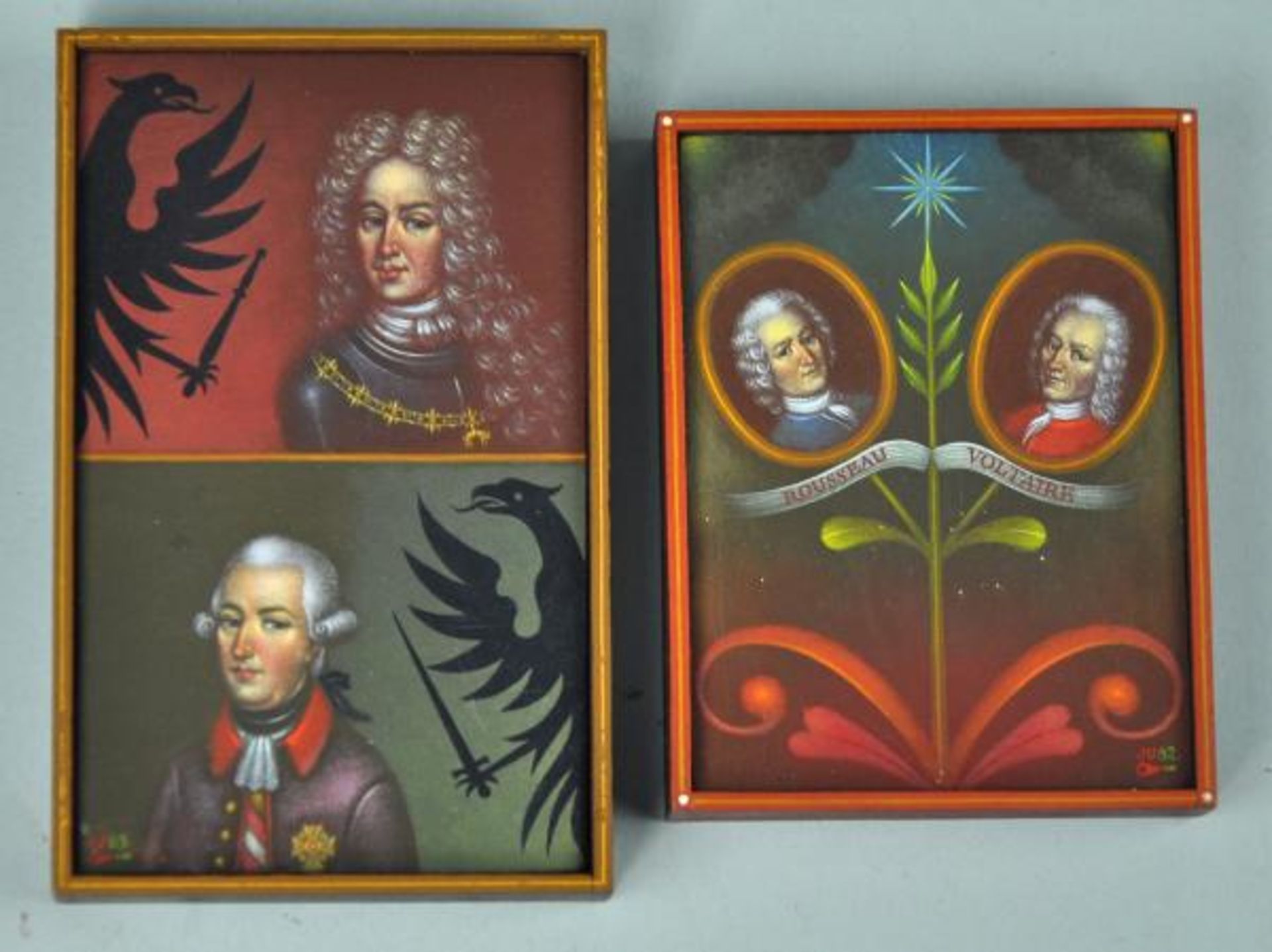 ULRICH Jindrich (1950 Prag) "Voltaire/Rousseau" und "Kaiser Joseph" 2 Miniaturportraits, Acryl/