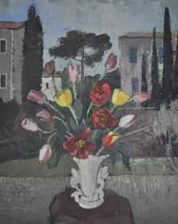 TEUBER Hermann (1894 Dresden - 1985 München) "Tulpenstrauß" in weißer Henkelvase, vor südlicher