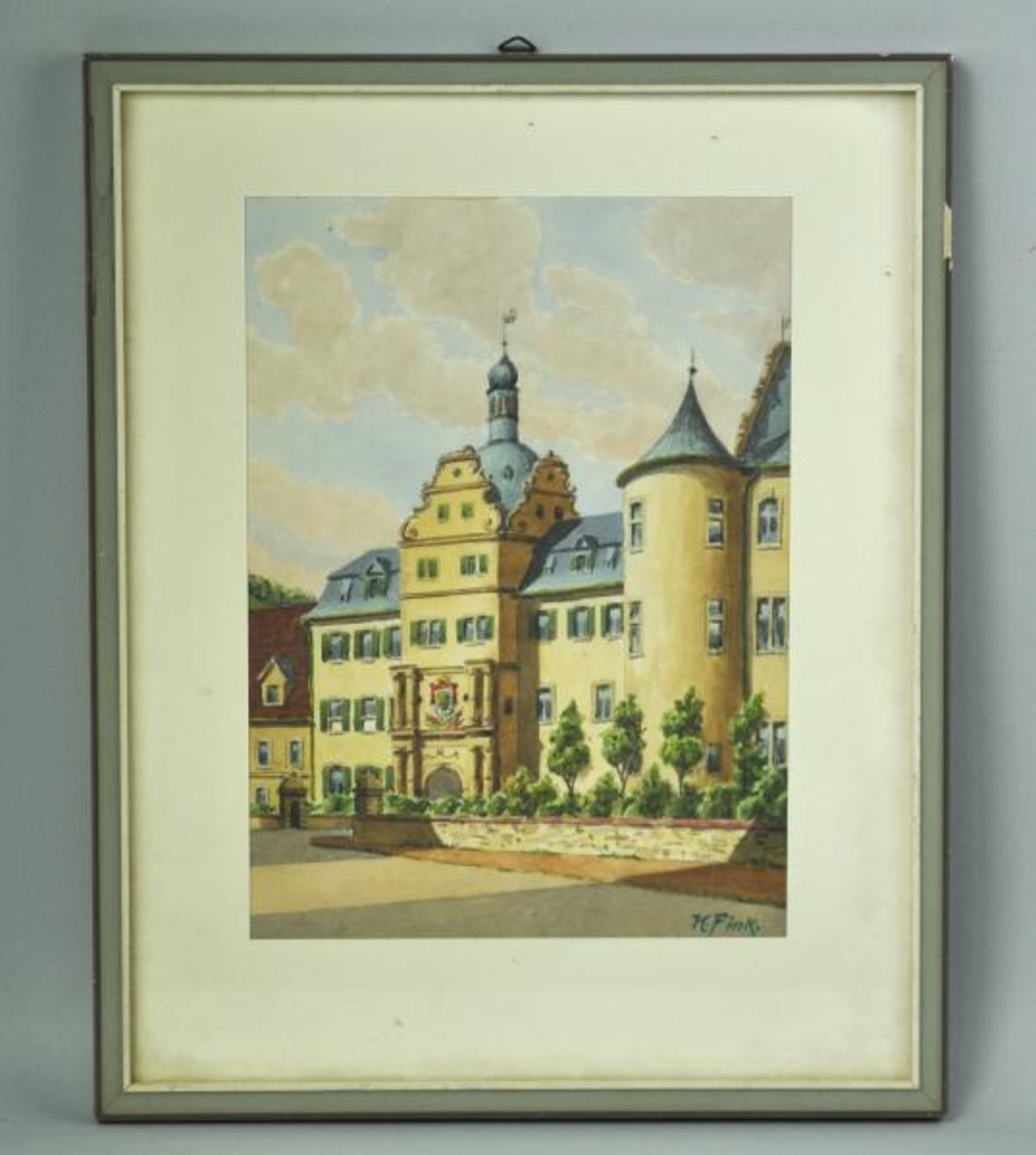 FINK K. (20.Jh.) "Schlossansicht", mit Turm u. Einganstor, signiert rechts unten Aquarell, - Image 2 of 3