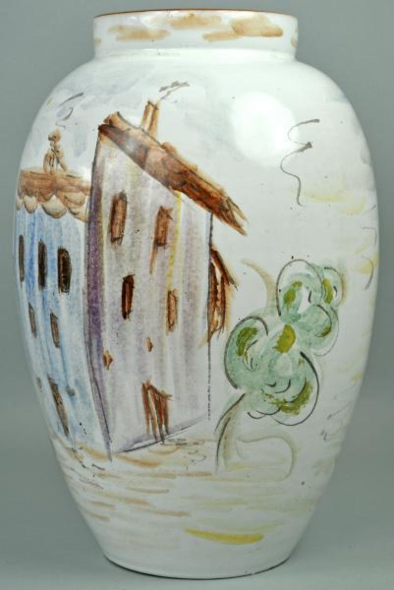 VASE polychrom bemalt mit südlicher Häuserfront u. kleiner schwarzer Katze, Bemalung wohl Hans - Bild 2 aus 3