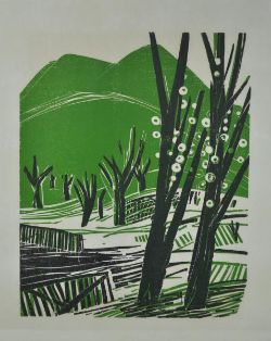 FELGER Andreas (1935 Mössingen-Belsen) "Blühender Baum" in Landschaft, Holzschnitt in Grün-Schwarz",