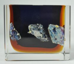 ASCHENBECHER rechteckige Form, dunkelblaues/ braunes Glas mit Silbereinschmelzungen, Exbor, signiert