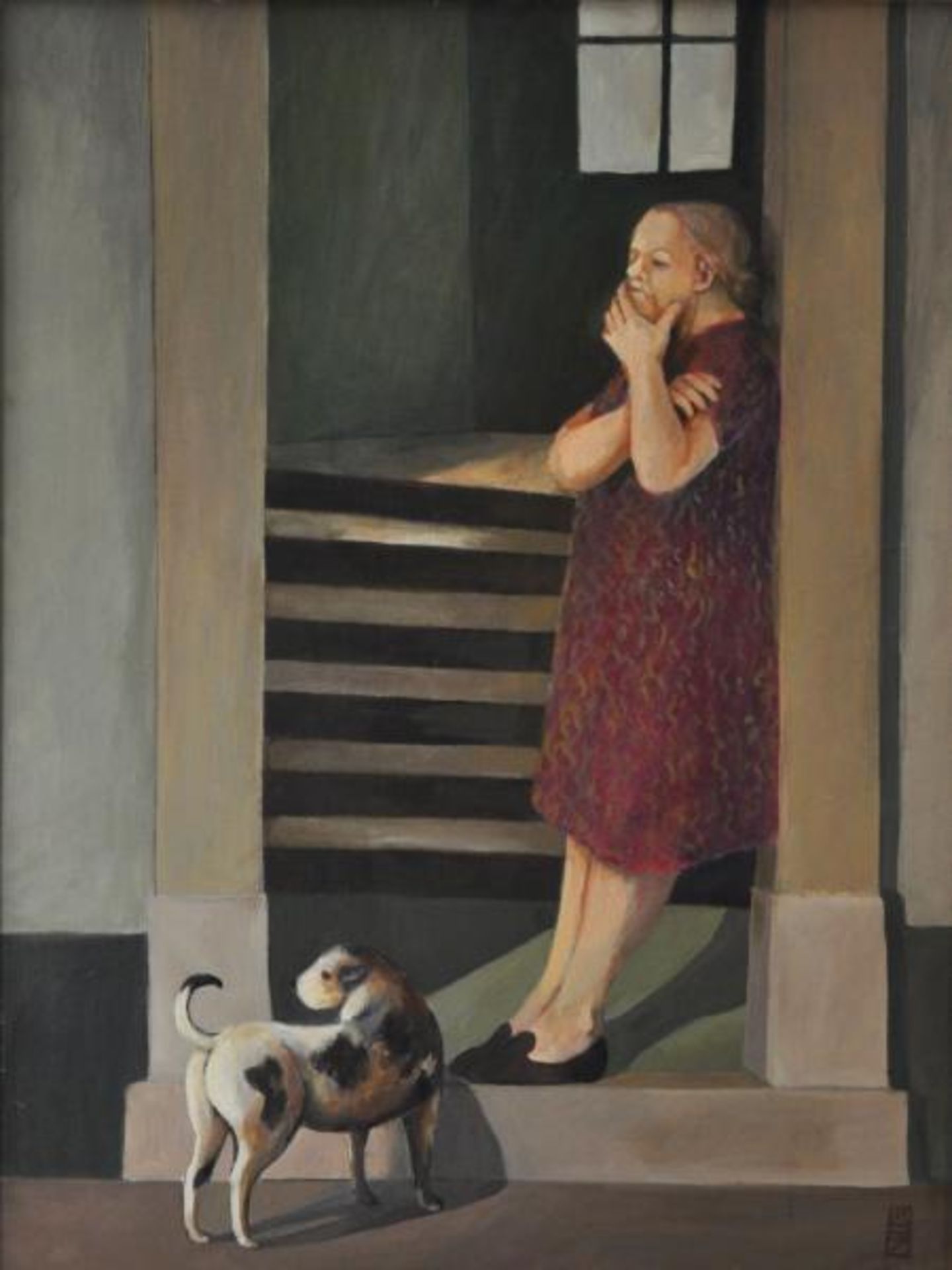 BLOMEIER-ZILLICH Ulrike (1944 Elstra) "Türsteher", Frau an offener Haustüre stehend mit kritischem