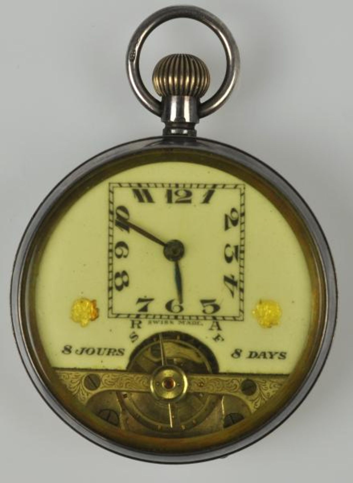 TASCHENUHR Schweiz, mit Achttage-Werk, Gehäuse aus Sterlingsilber mit Rückdeckel, Vorderseite mit