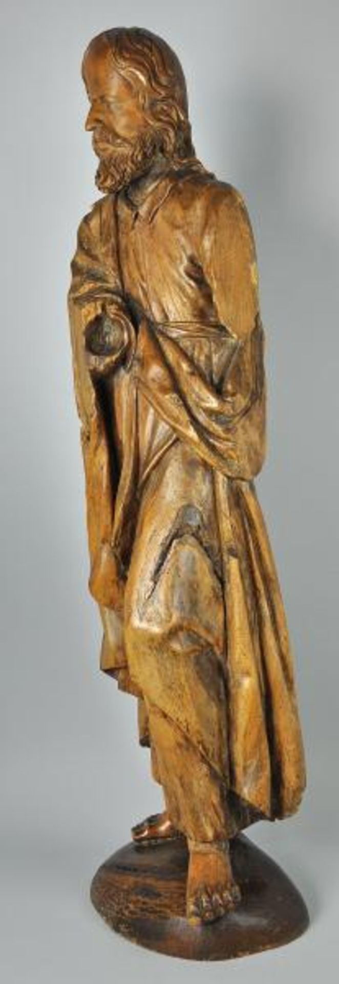 CHRISTUS 3/4 rund geschnitzte Holzfigur, Rückseite gehöhlt, 17./18.Jh, auf späterer ovaler Basis, - Bild 3 aus 4