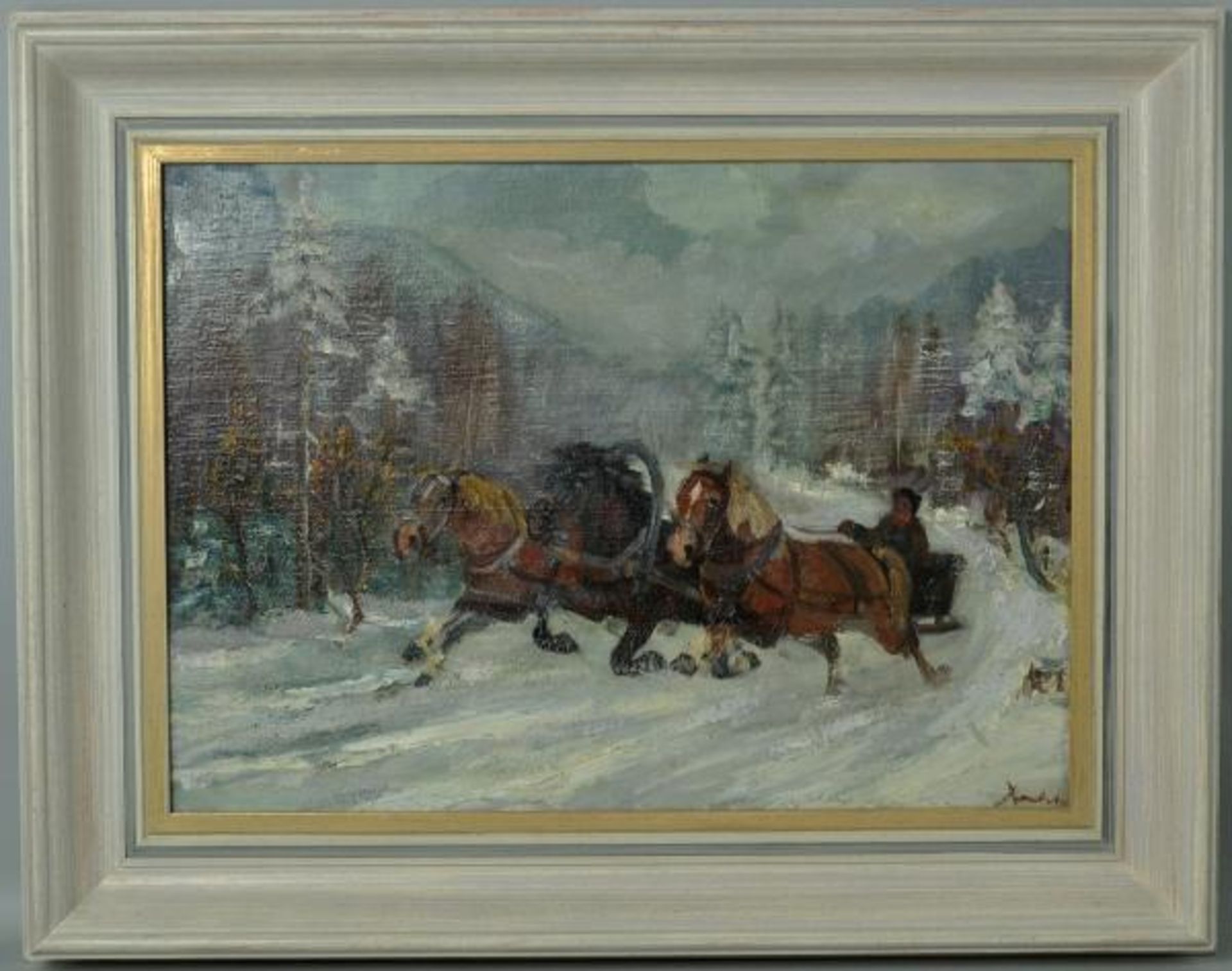 KUKLA Stanislaw (1919 - 1992 Polen) "Troika", galoppierende Pferde in winterlicher Landschaft, - Bild 2 aus 4