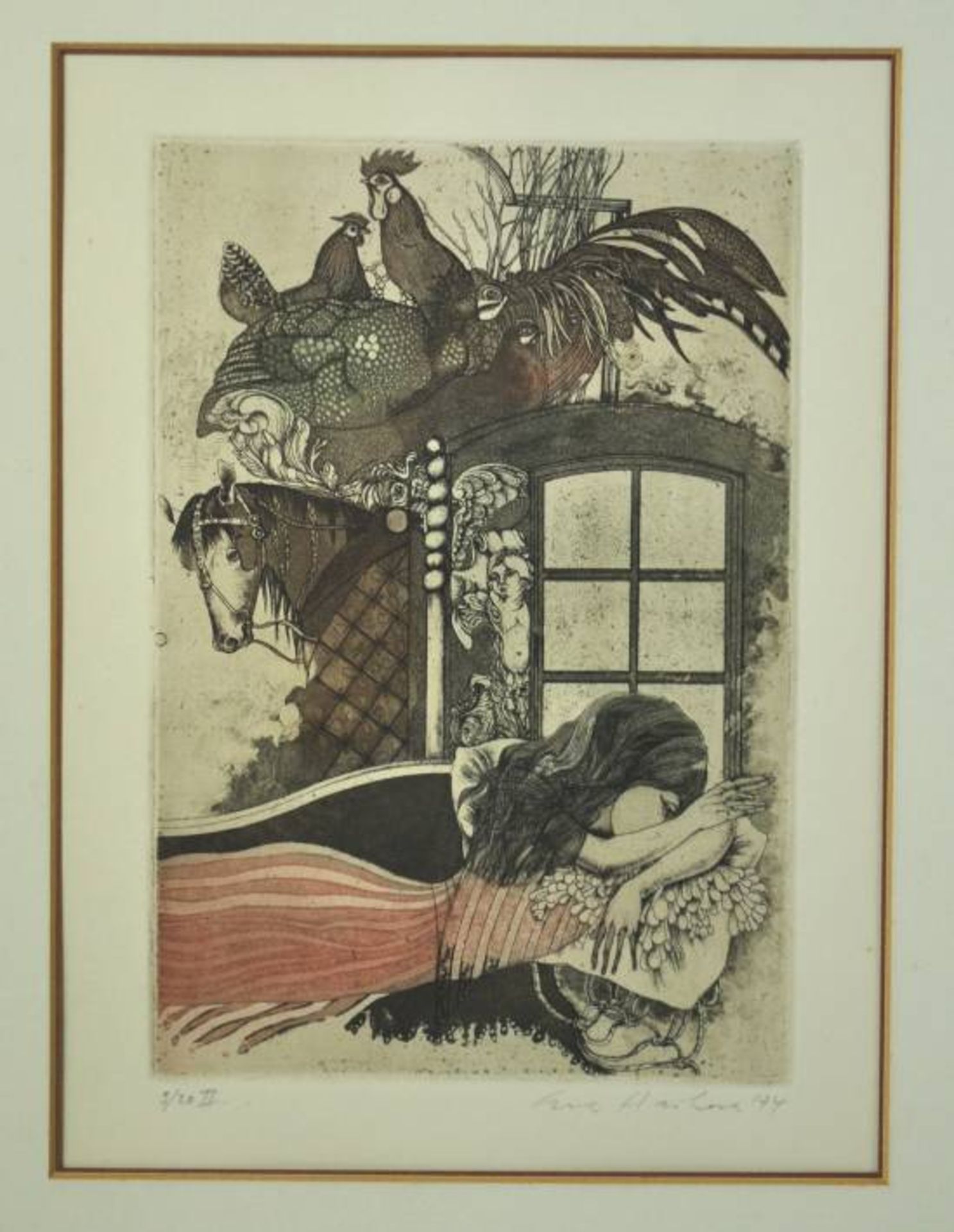 HASKOVA Eva (1946- Kladno) "Träumendes Mädchen" mit Tieren", mehrfarbige Radierung, rechts unten