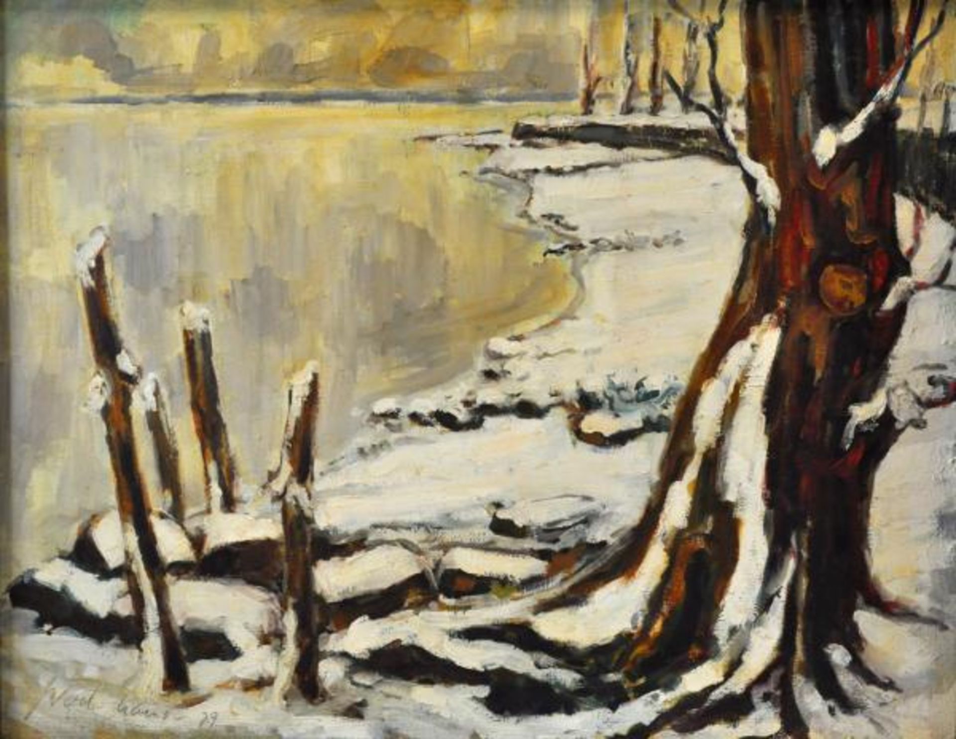 NIEDERHAUSER Hans (1930 Eschenz) "Winter am See", in stimmungsvollem Licht, schneebedecktes