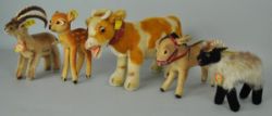 LOT STEIFFTIERE Kuh, Steinbock, Bambi, Heidschnucke, Esel, mit Mohairfell, 50/60er Jahre