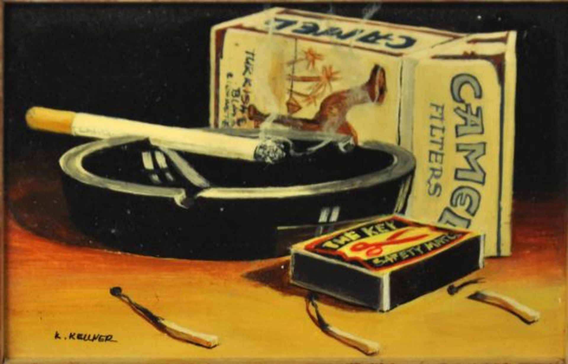 KELLNER Karel (Tschechien 2.Hälfte 20.Jh.) "Camel" Zigaretten , 2 Miniaturgemälde, Öl auf Holz, - Bild 4 aus 5