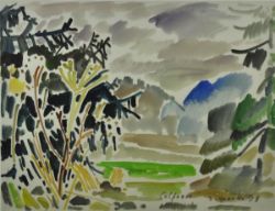 SPROTTE Siegward (1913 Potsdam - 2004 Kampen) "Landschaft" mit Bäumen u. im Hntergrund Berge,