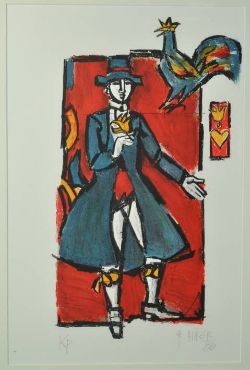 MIRER Rudolf (1937 Chur) "Kavalier mit Hut und Rose in der Hand" über ihm ein Hahn, seitlich eine