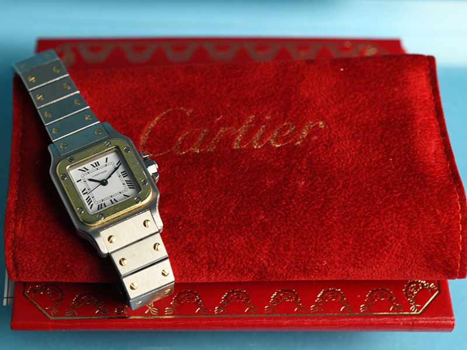 Damenarmbanduhr, Modell Montres Santos, Cartier, Paris, Kaufbeleg von 1987, Stahl/ Gelbgold. Ref. - Bild 5 aus 5