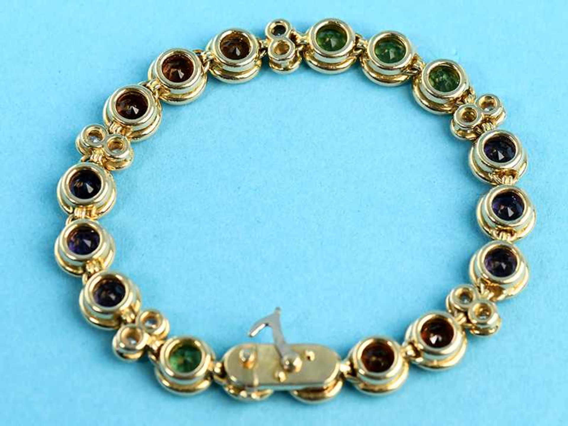 Armband mitTopas, Amethyst, Peridot und Brillanten, zusammen ca. 0,5 ct, Goldschmiedearbeit, 90- - Bild 2 aus 8