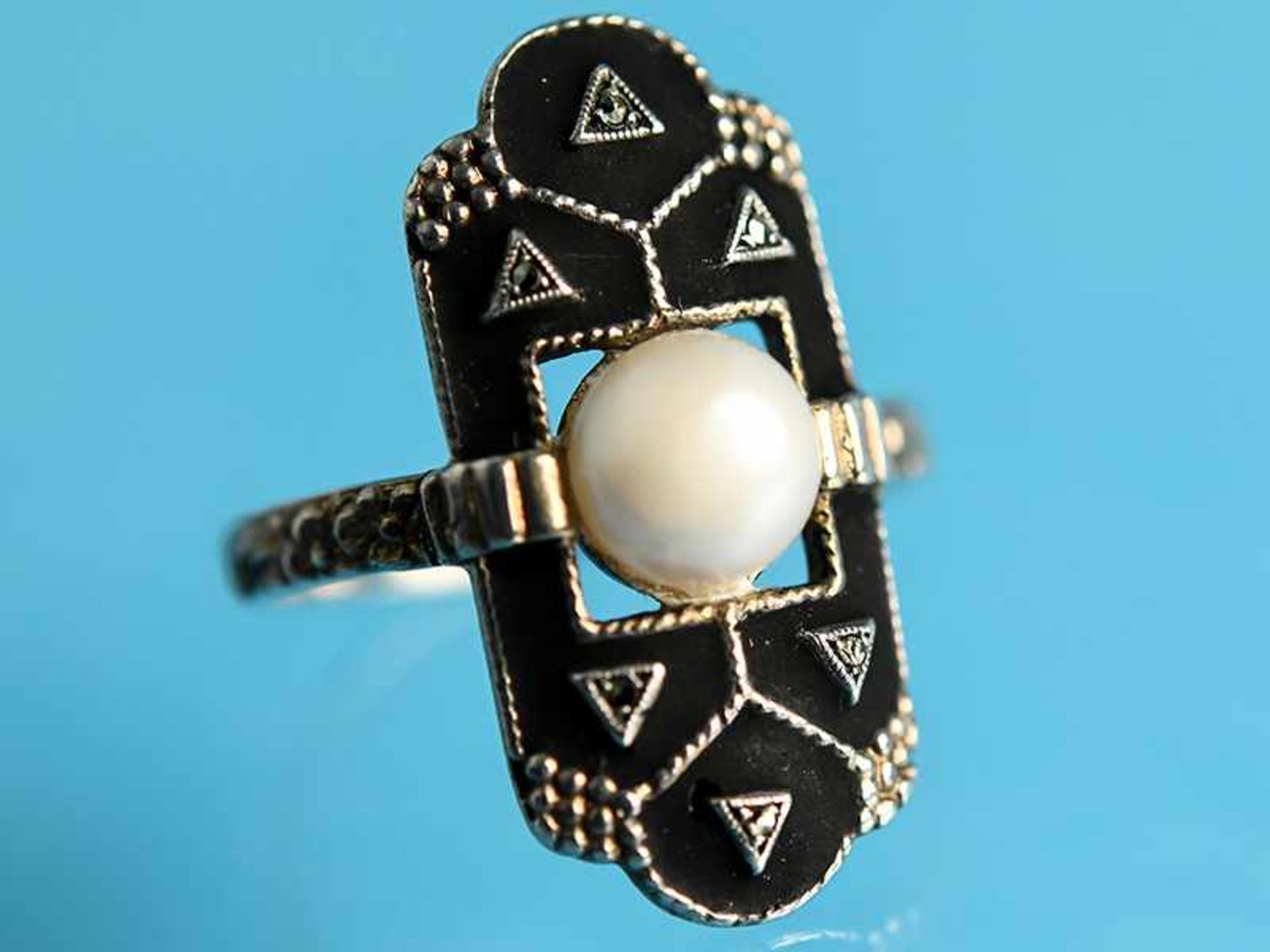 Ring mit Perle, Markasiten und schwarzem Emaille, Theodor Fahrner, Art Deco 935/- Silber mit Reste