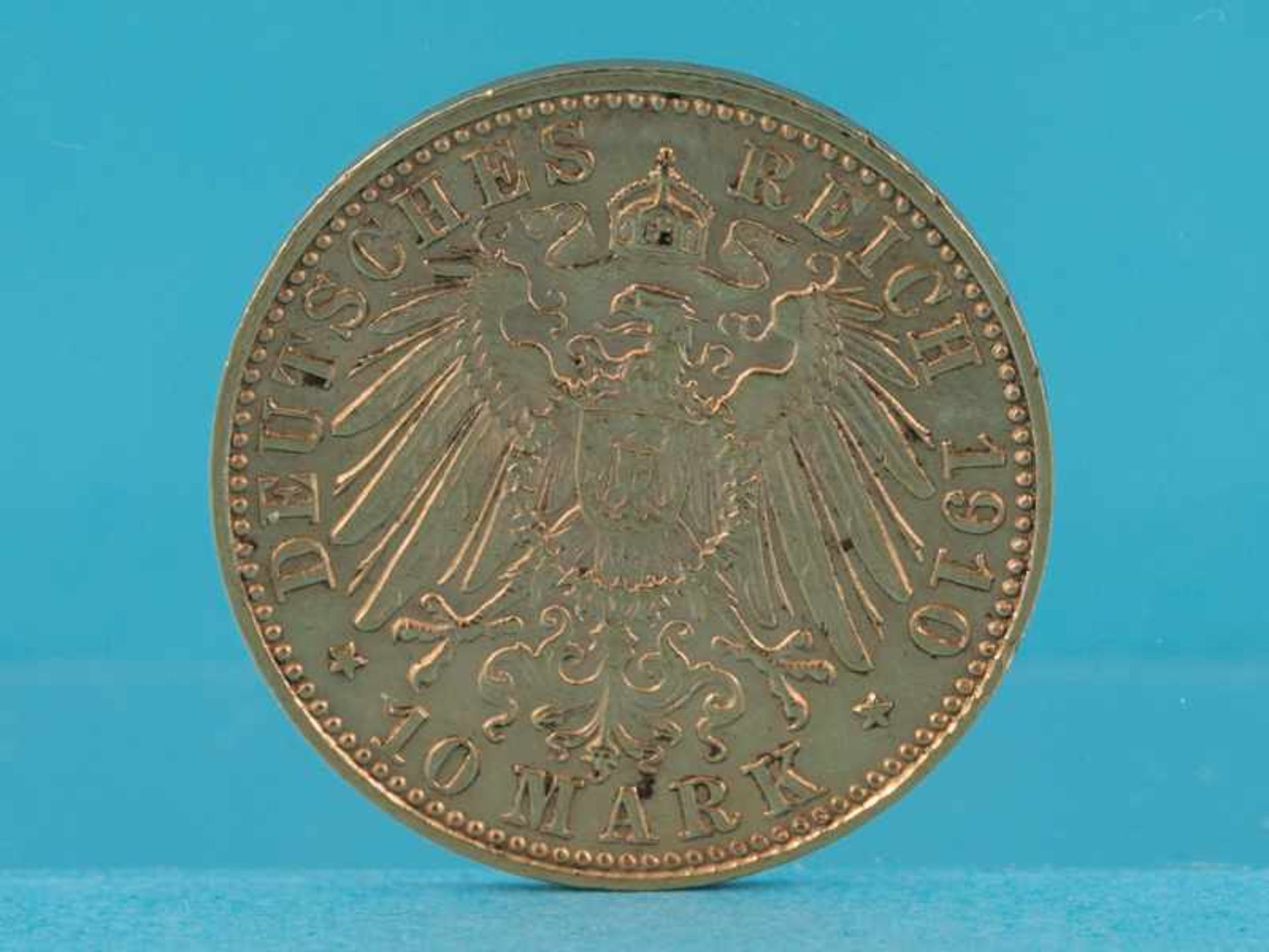 Goldmünze "10 Mark", Deutsches Kaiserreich/ Königreich Bayern (Otto), 1910. 900/-Gold, ca. 3,97 g; - Bild 2 aus 2