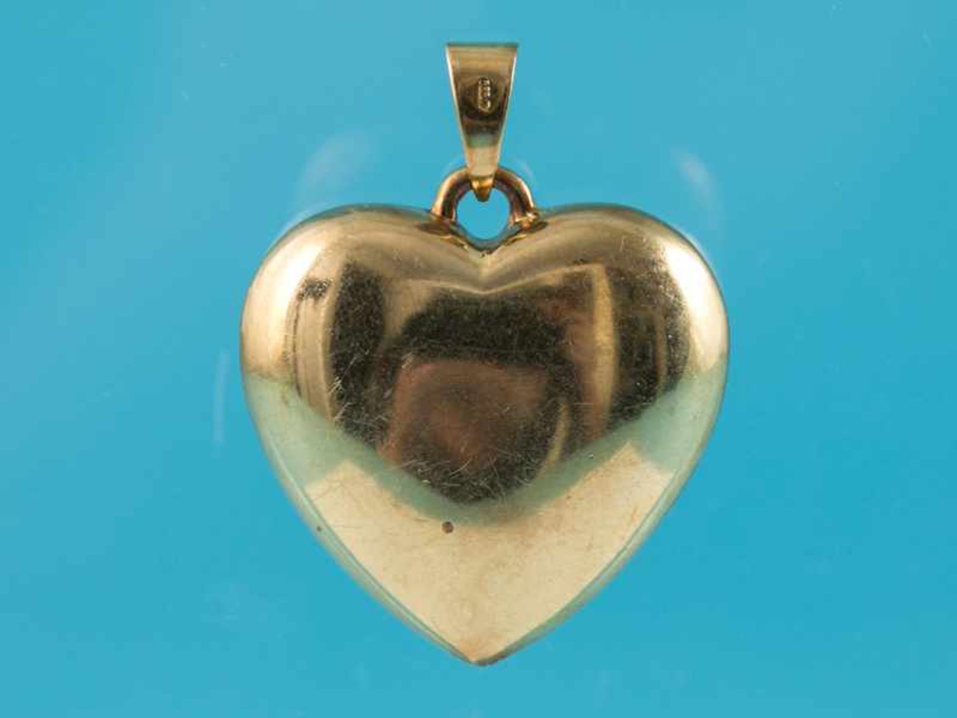 Anhänger in Herzform mit je einem Rubin, Saphir, Smaragd und Brillant ca. 0,02 ct, 90-er Jahre 585/- - Bild 2 aus 3