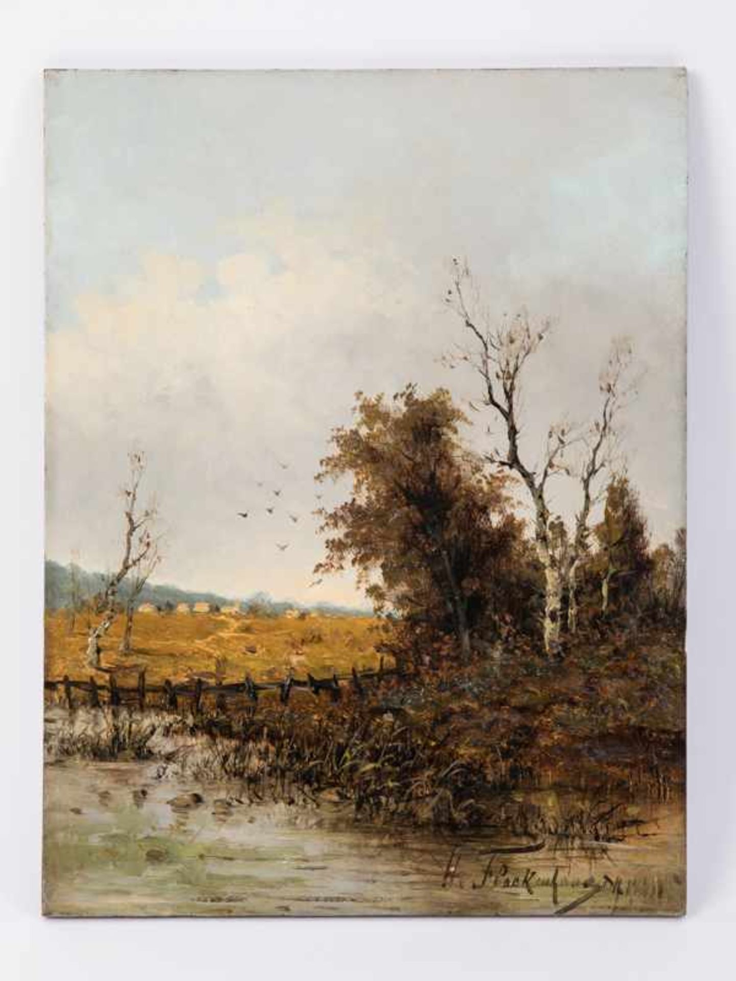 Flockenhaus, Heinz (1856 - 1919). Öl auf Holz, "Vor dem Dorfe", Herbst-Landschaft mit Gewässer im