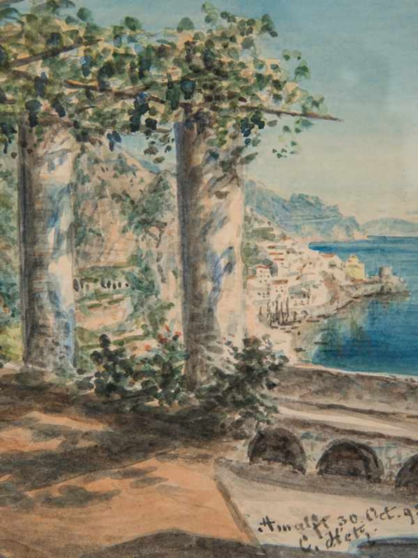 Hetz, Johann Karl (Carl) (1828 - 1899) zugeschrieben. Aquarell; "Amalfi" 1893; südlich-mediterrane - Bild 2 aus 4