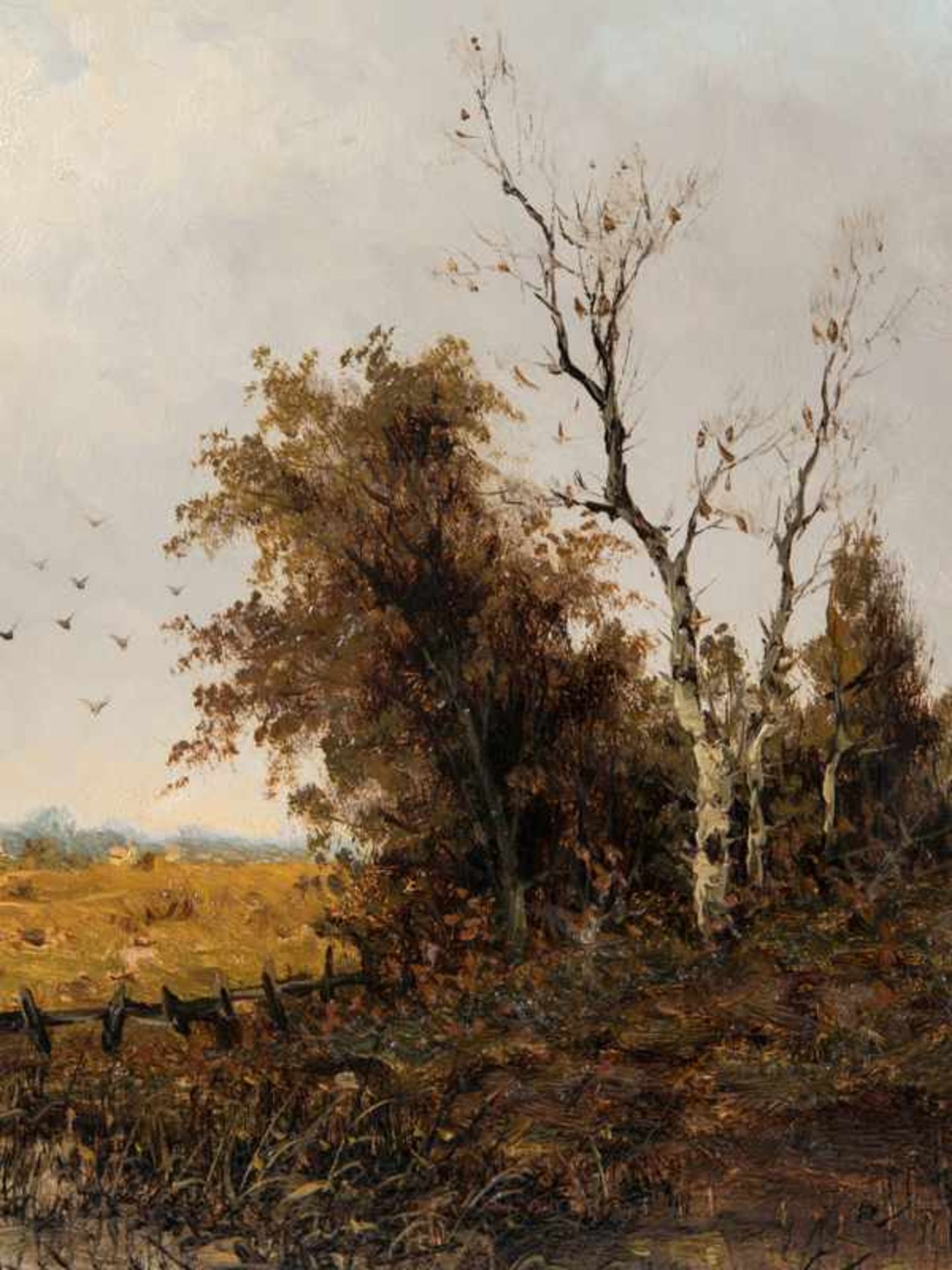 Flockenhaus, Heinz (1856 - 1919). Öl auf Holz, "Vor dem Dorfe", Herbst-Landschaft mit Gewässer im - Bild 2 aus 4