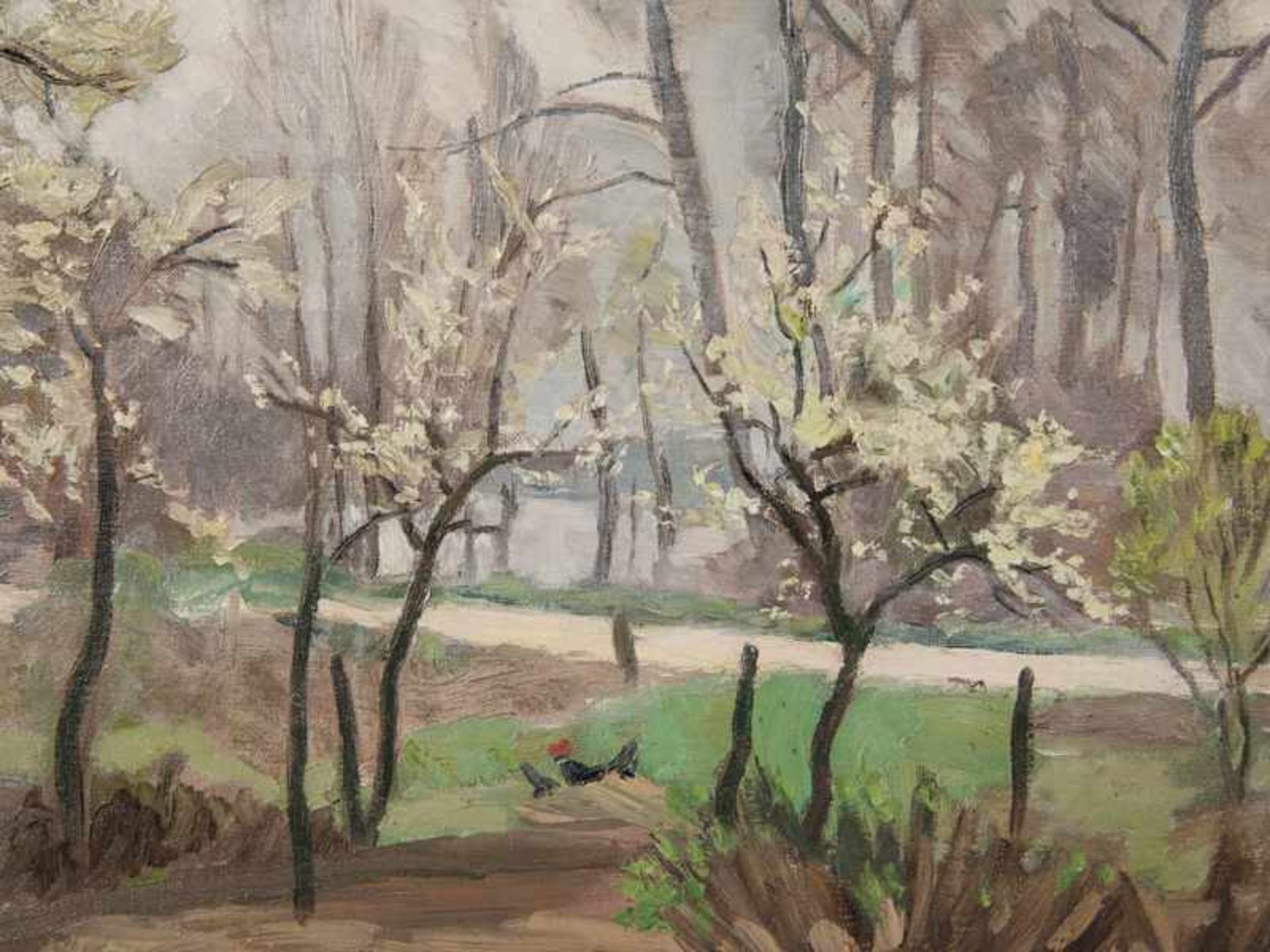 Bischoff, Eduard (1890 - 1974). Öl auf Leinwand; Frühlingsgarten mit blühenden Bäumen; in leicht - Bild 2 aus 6