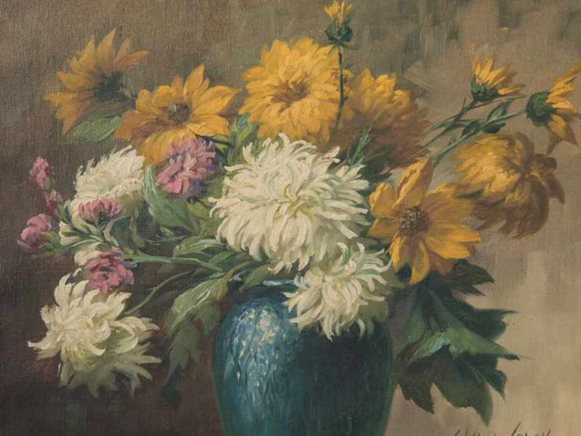 Schütze, Wilhelm (1840 - 1898). Öl auf Leinwand, Blumenstilleben; vor einem effektvoll halb - Image 2 of 5