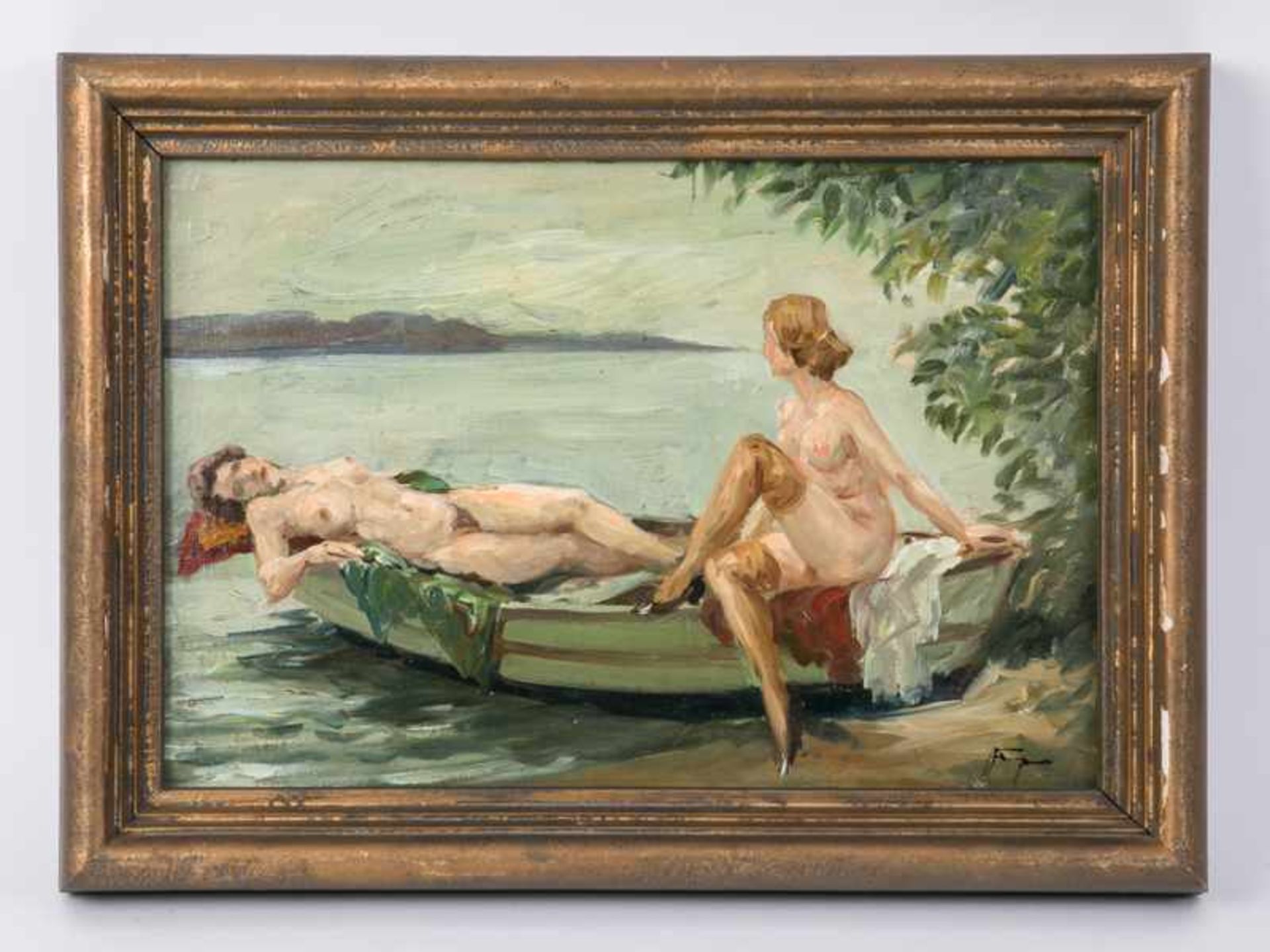 Fenger, Hans (1893 - 1980). Öl auf Malkarton, 2 weibliche Akte in einem Boot am Seeufer; stilisierte