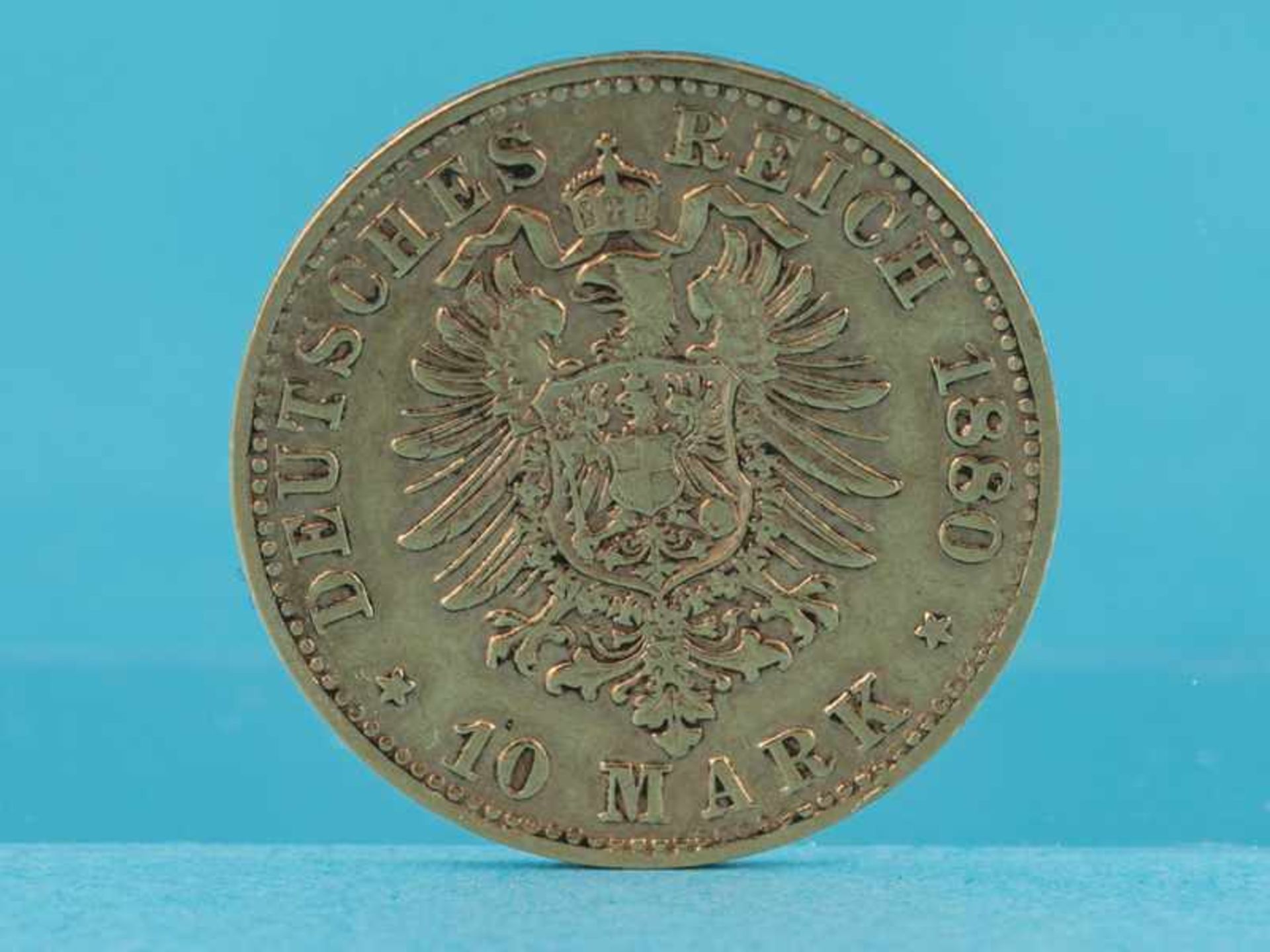 Goldmünze "10 Mark", Deutsches Kaiserreich/ Königreich Bayern (Ludwig II.), 1880. 900/-Gold, ca. 3, - Bild 2 aus 2