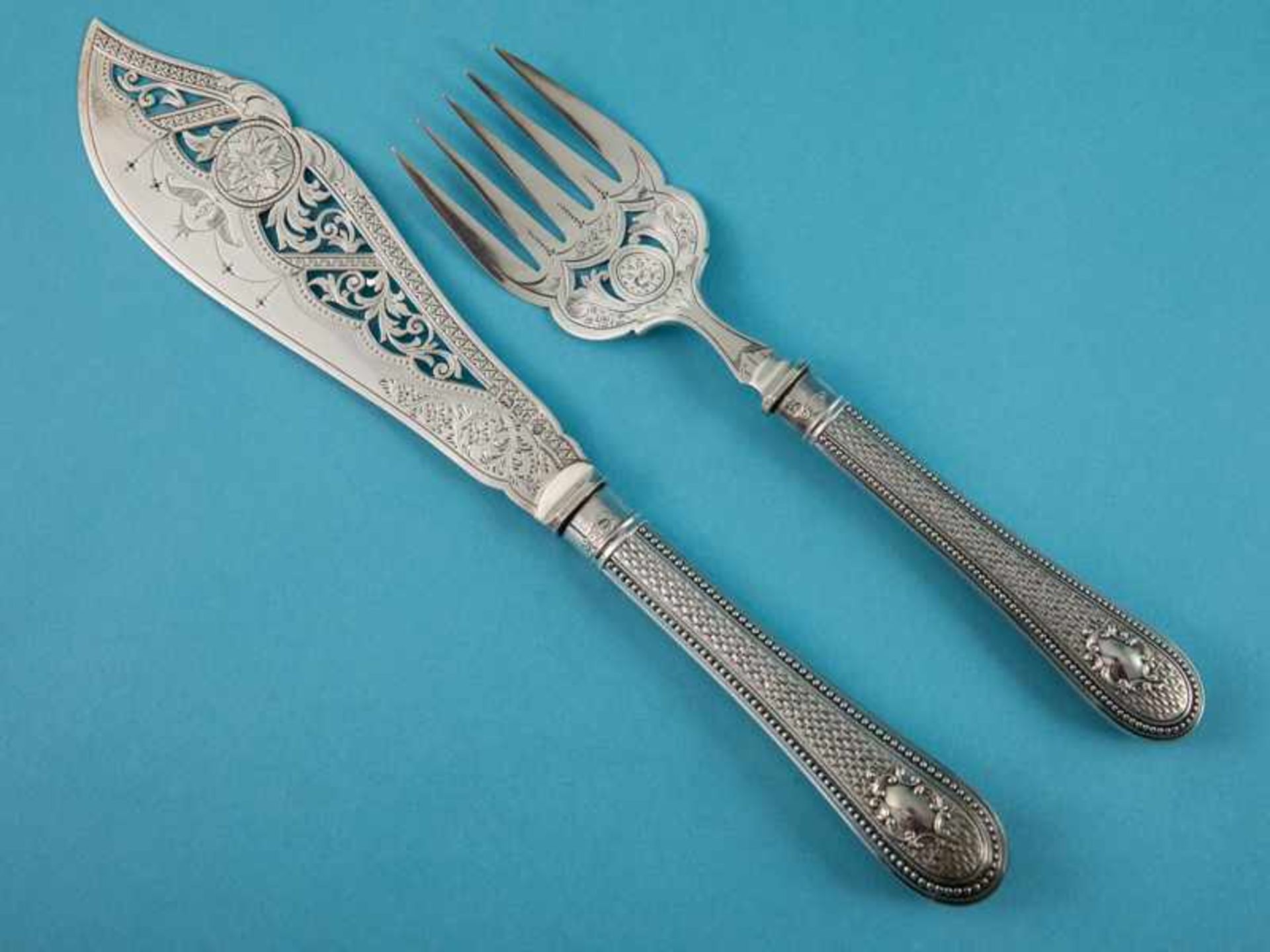 Victorianisches Fisch-Vorlegebesteck, Levesley Brothers, Sheffield, 1884. 925/-Silber, Gesamtgewicht