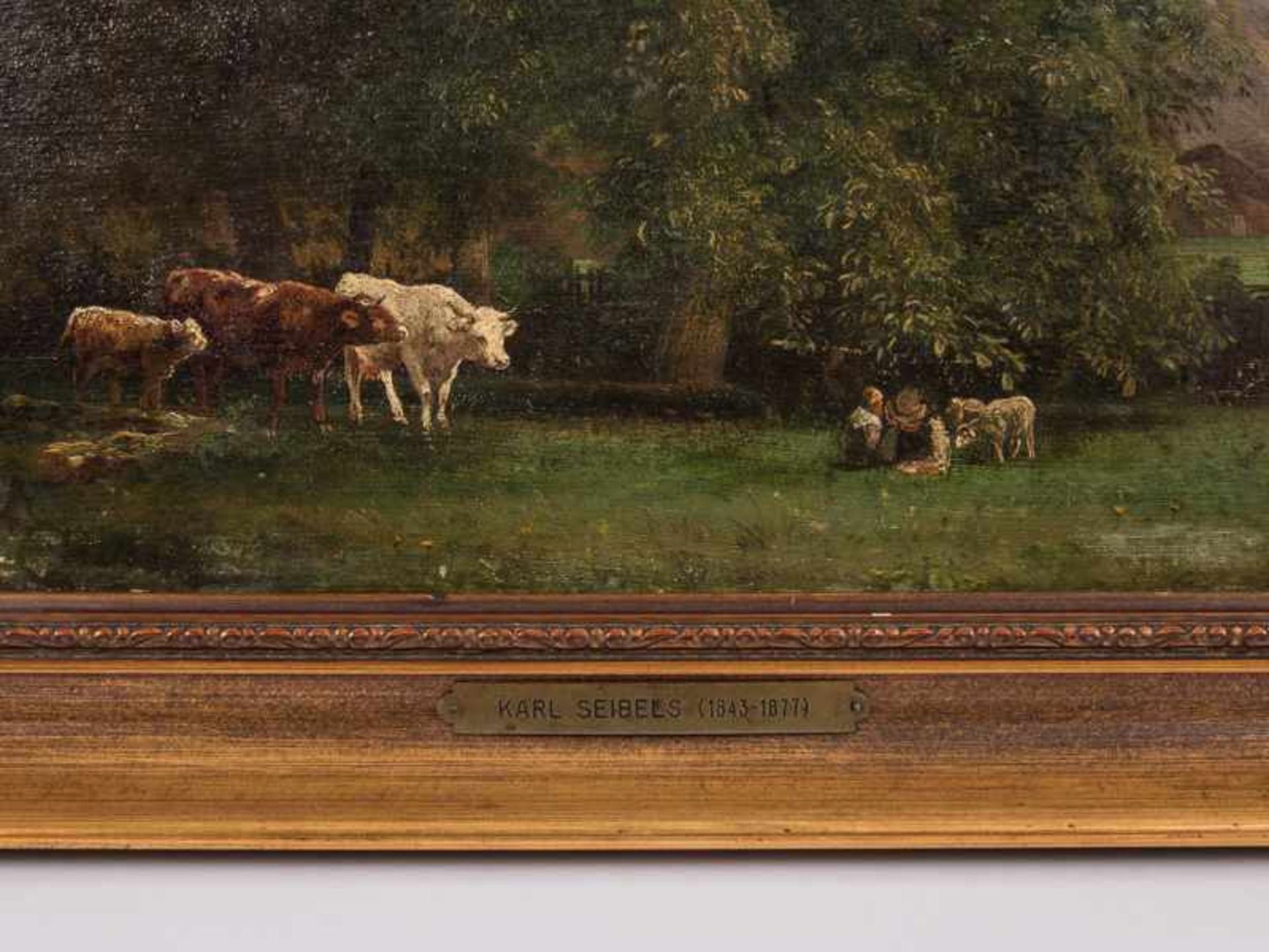 Seibels, Carl (1844 - 1877). Öl auf Holz, "Kuhherde mit rastenden Hirten und Schafen auf der Weide - Bild 3 aus 8