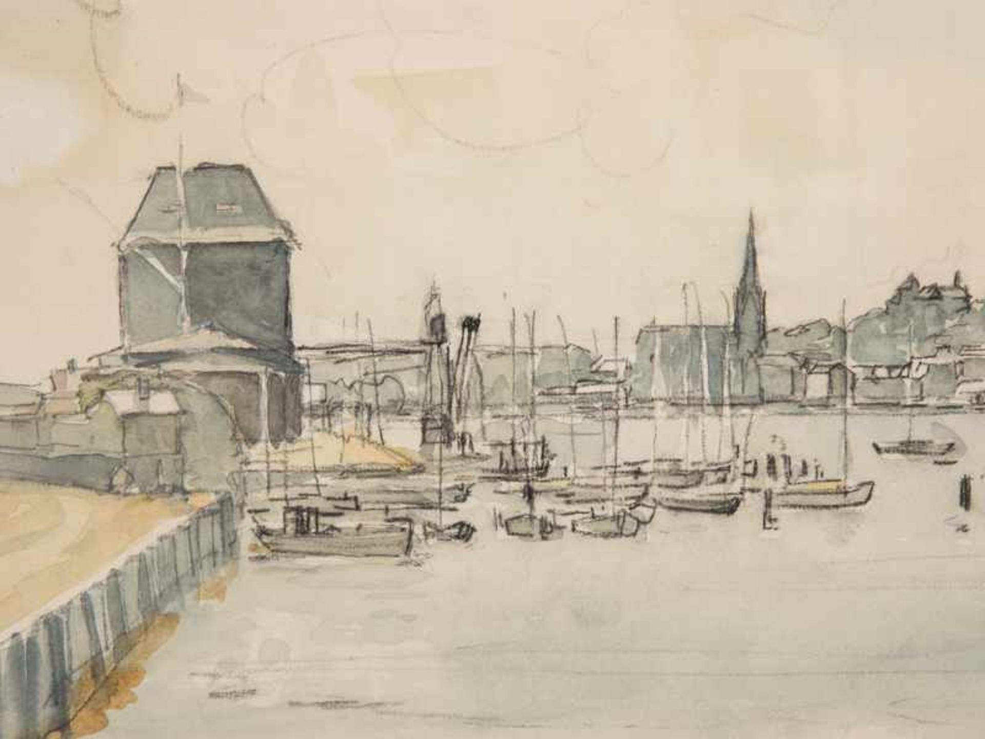 Hensel, Gerhard Fritz (1910 - 1986). Farbig aquarellierte Kohlezeichnung, "Im Flensburger Hafen", - Bild 4 aus 14