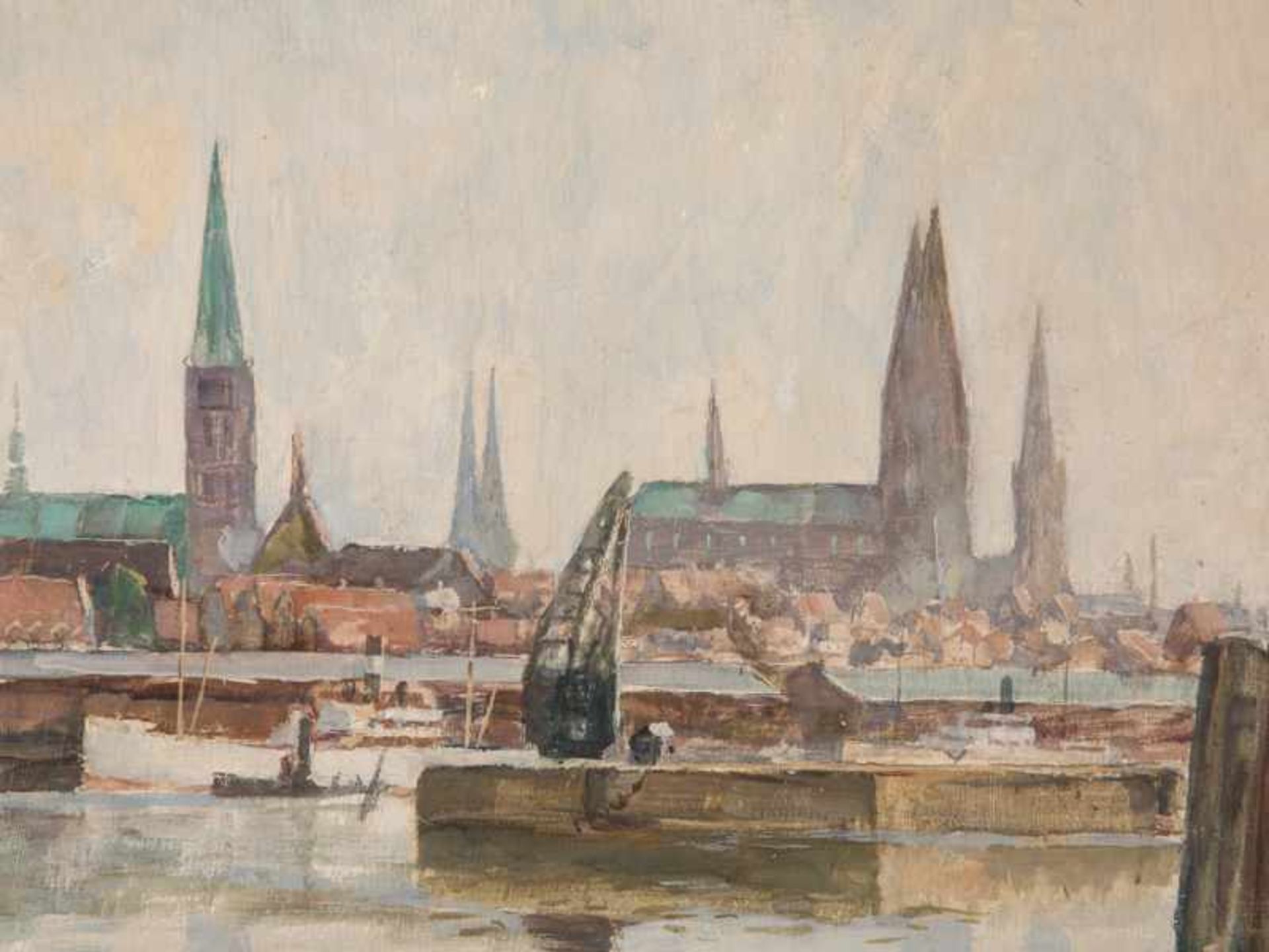 Schodde, Wilhelm (1883 - 1951). Öl auf Spanholzplatte, "Der Lübecker Burgtorhafen mit Blick auf - Bild 3 aus 8