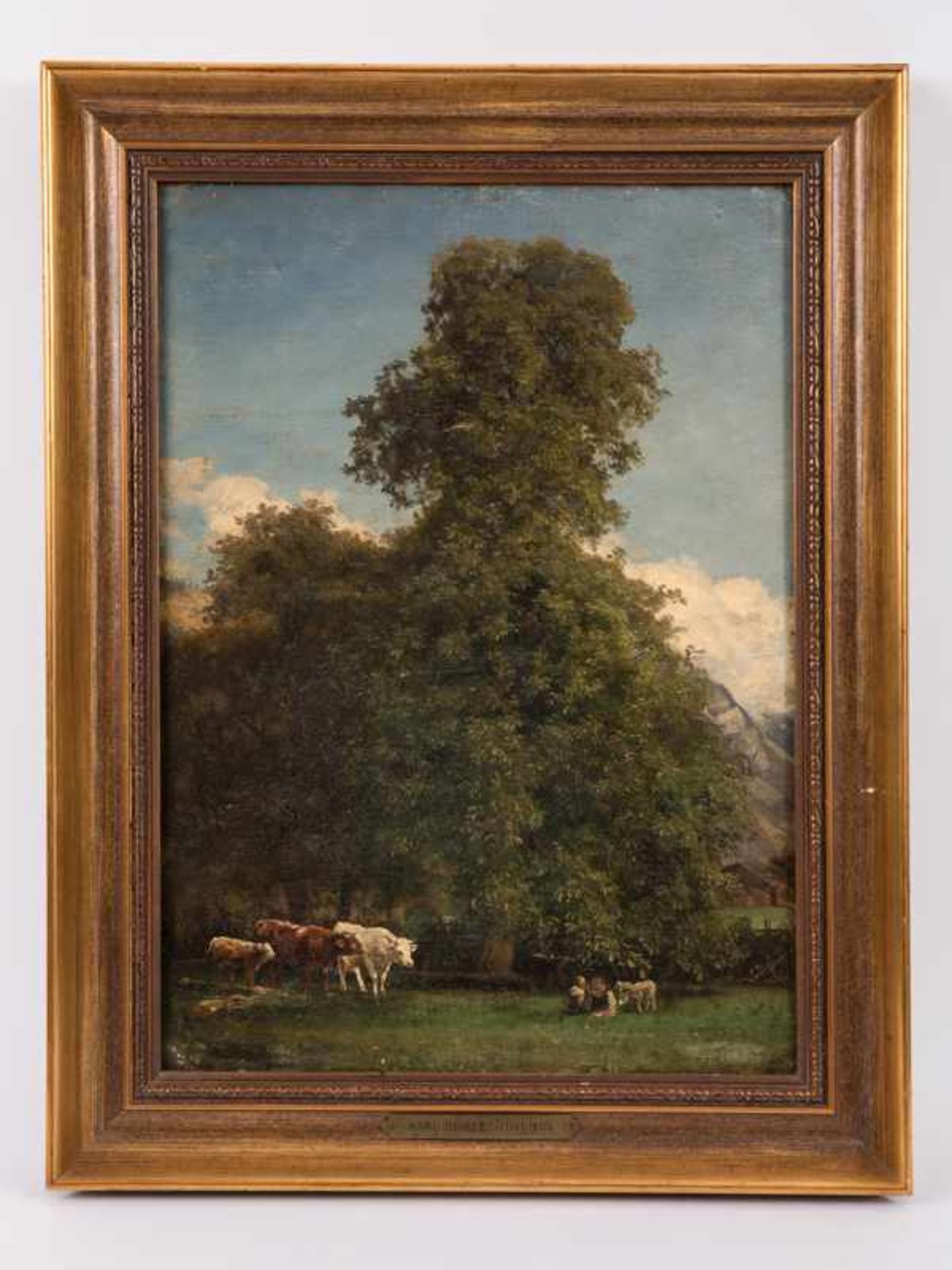 Seibels, Carl (1844 - 1877). Öl auf Holz, "Kuhherde mit rastenden Hirten und Schafen auf der Weide