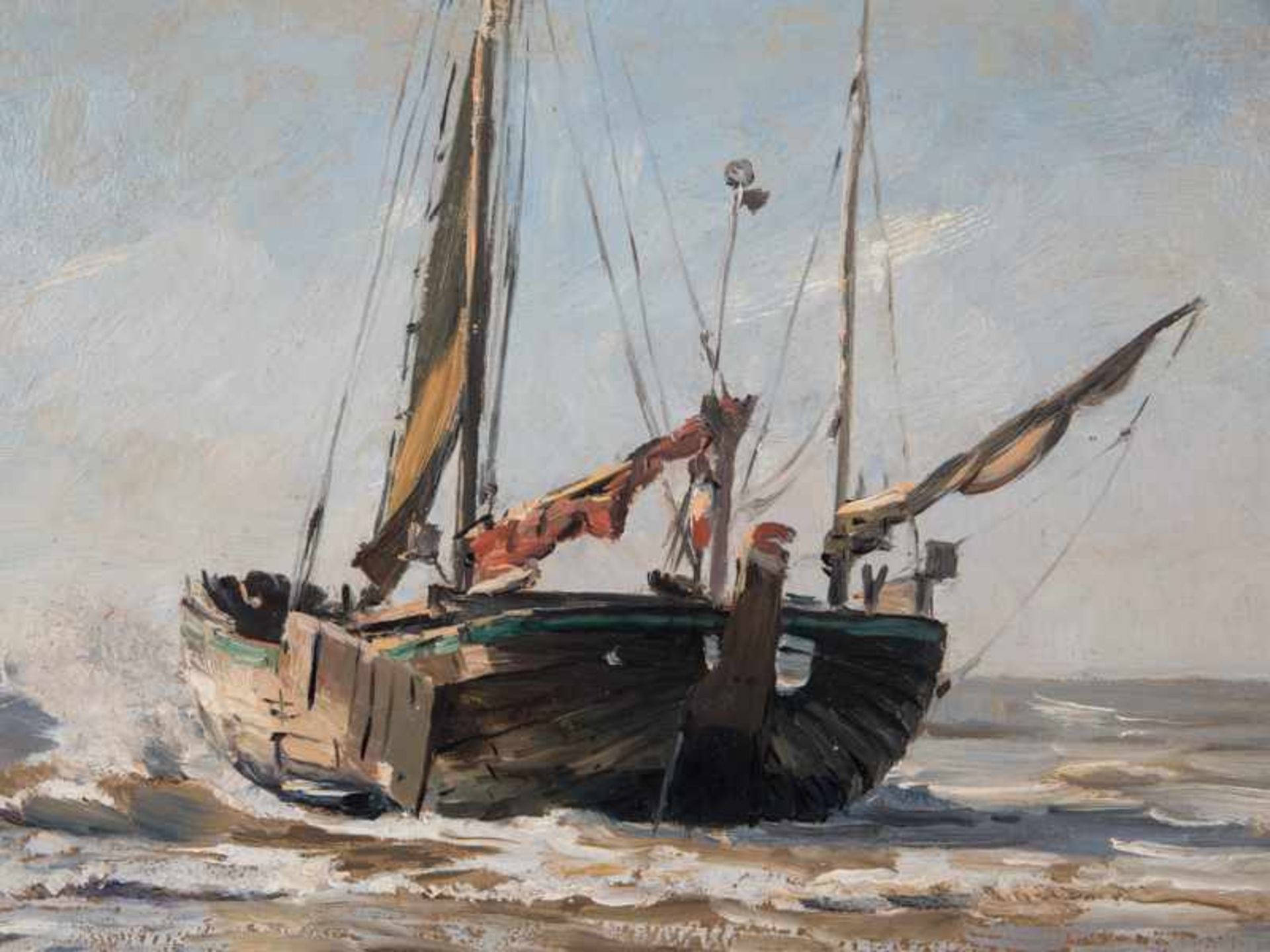Dücker, Eugen (1841 - 1916), Nachlaßstempel. Öl auf Malkarton, "Küsten-Segelschiff am Ostseestrand"; - Bild 3 aus 8
