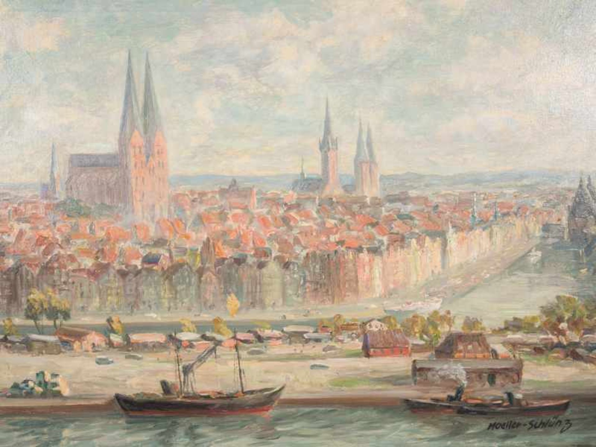 Moeller-Schlünz, Fritz (1900 - 1990). Öl auf Leinwand, "Panorama von Lübeck". Breitformatige - Image 3 of 10